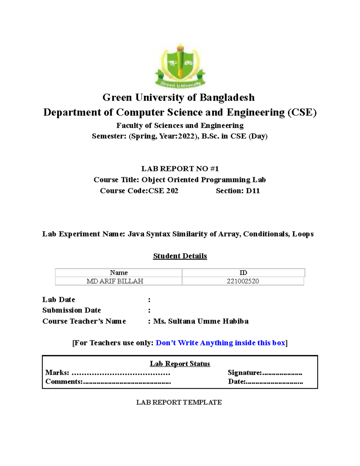 Lab Report Template - Green University of Bangladesh Department of ...