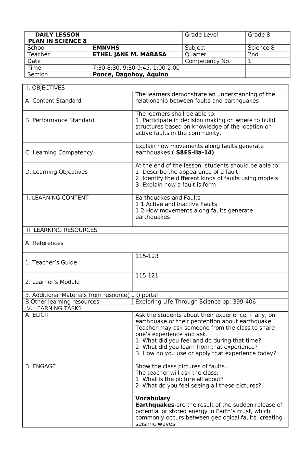 Daily Lesson PLAN IN Science 8 2nd Q - DAILY LESSON PLAN IN SCIENCE 8 ...