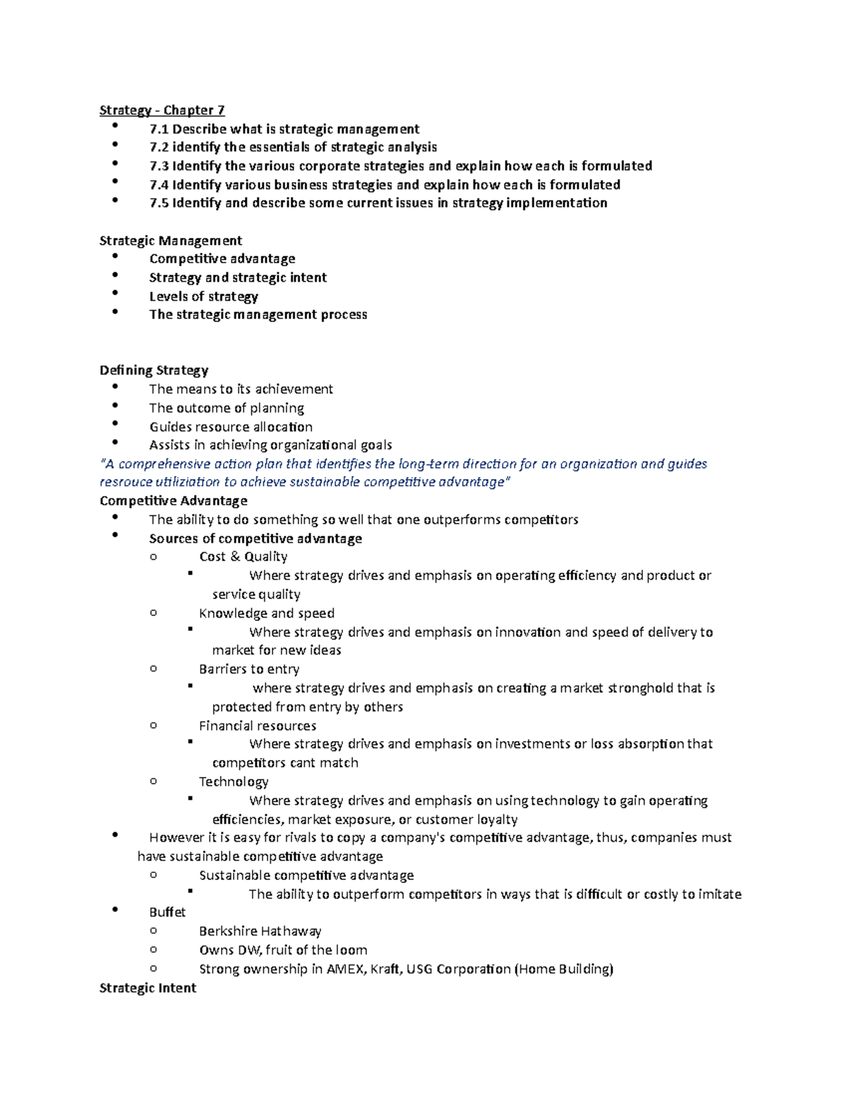 Chapter 7 notes - Strategy - Chapter 7 7 Describe what is strategic ...