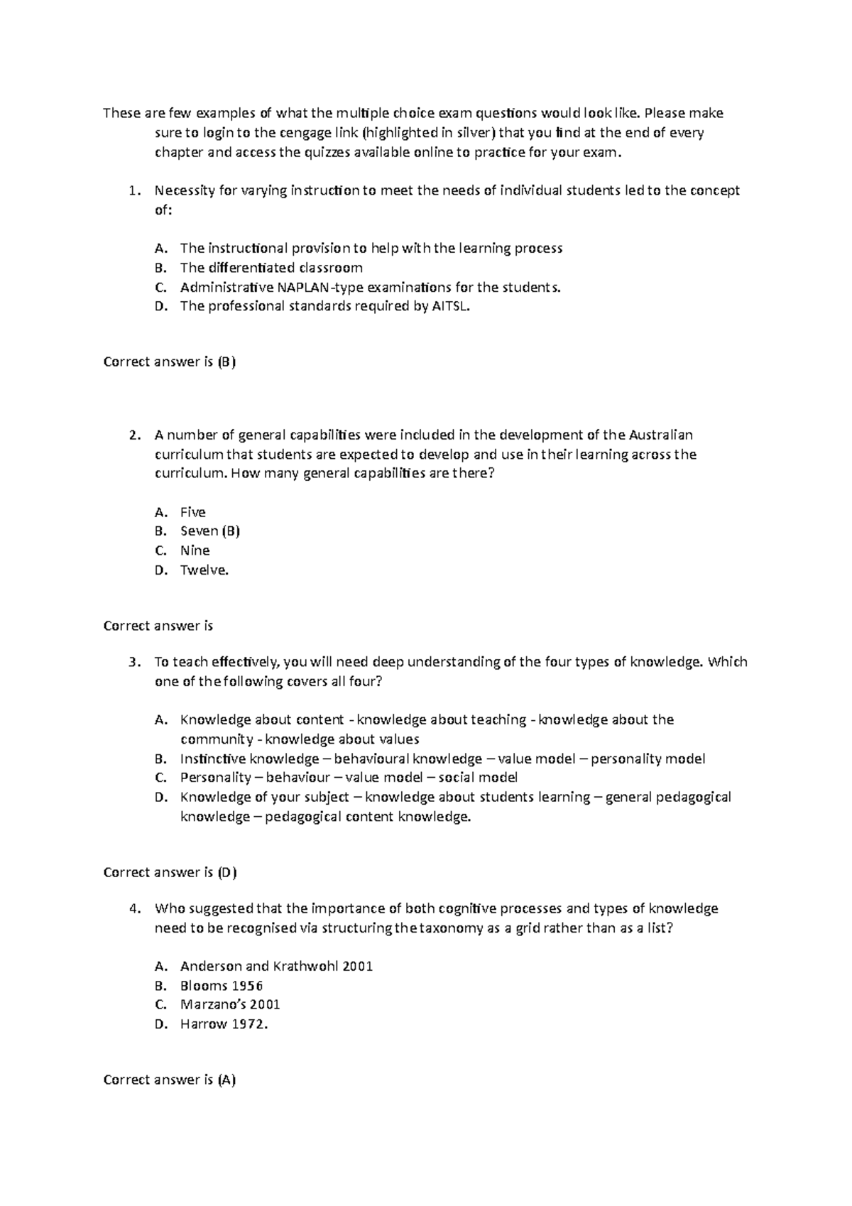 Sample/practice exam 2019, questions - These are few examples of what ...