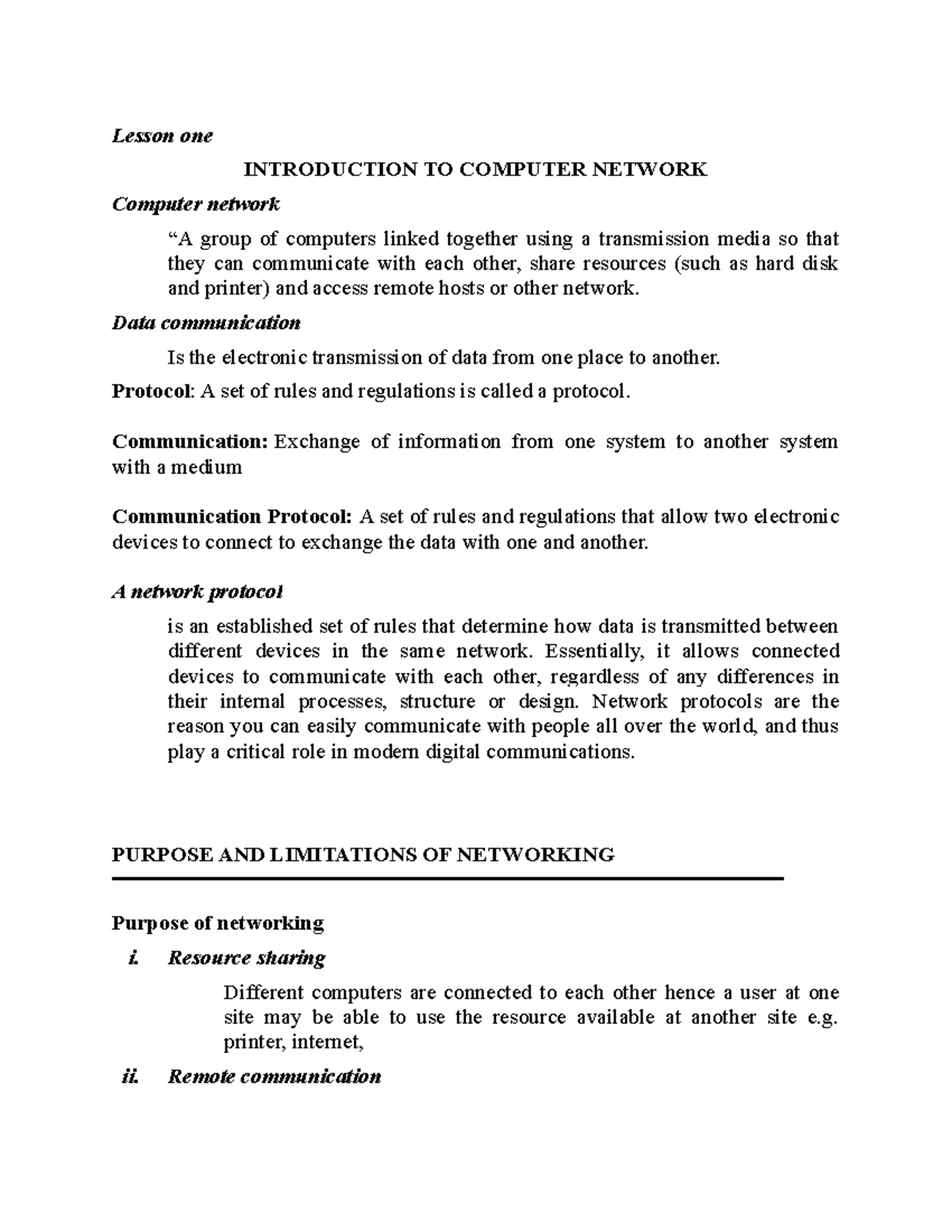 Introductin To Computer Networks - Lesson One INTRODUCTION TO COMPUTER ...