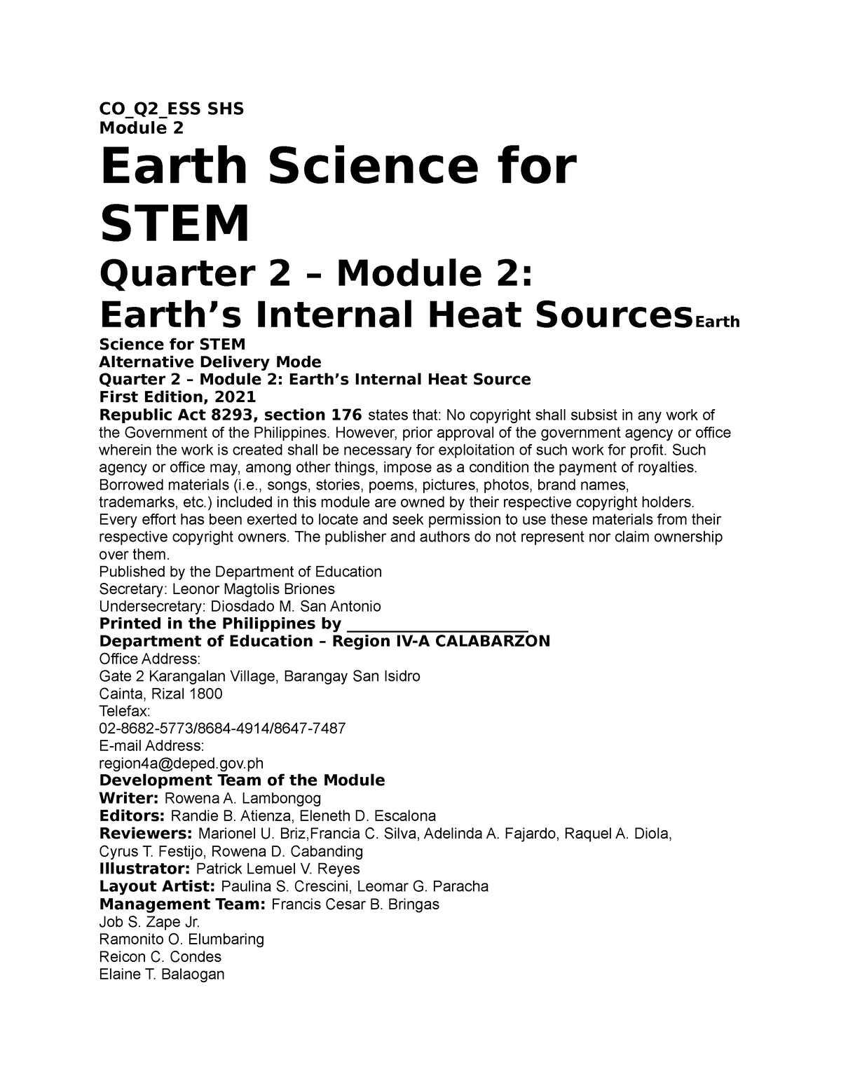 A - Module - ####### CO_Q2_ESS SHS ####### Module 2 Earth Science For ...