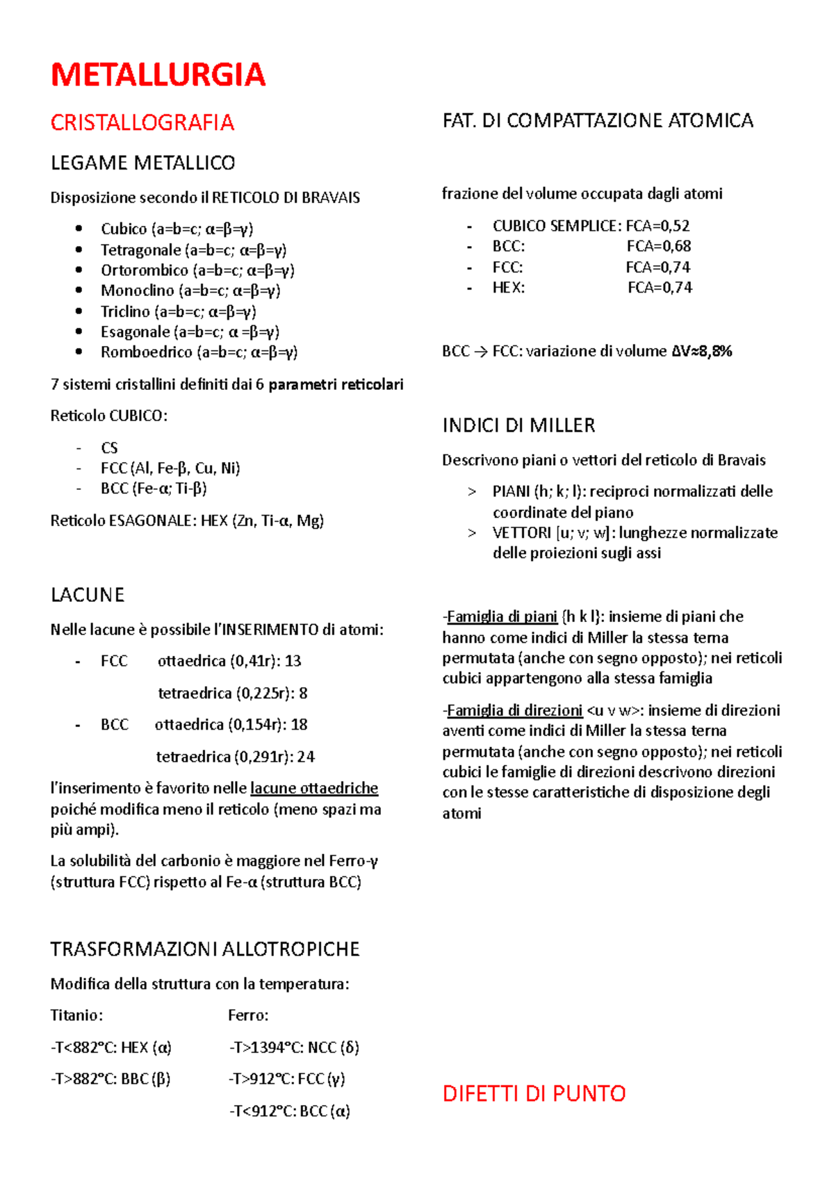 Ripasso Metallurgia Primo Parziale METALLURGIA CRISTALLOGRAFIA LEGAME