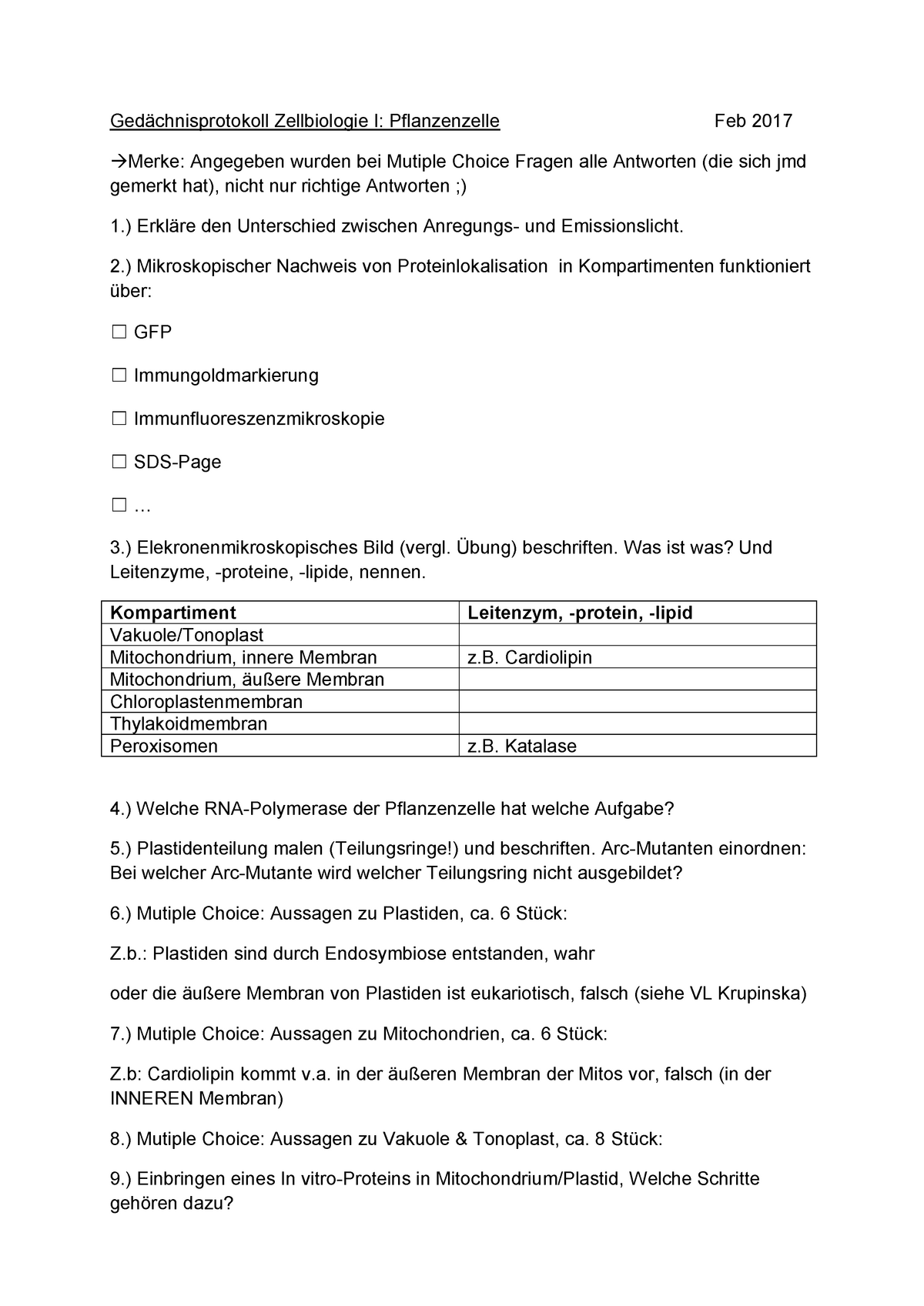 Probeklausur 2 April 2017 Fragen Gedächnisprotokoll Zellbiologie I Pflanzenzelle Feb 2017