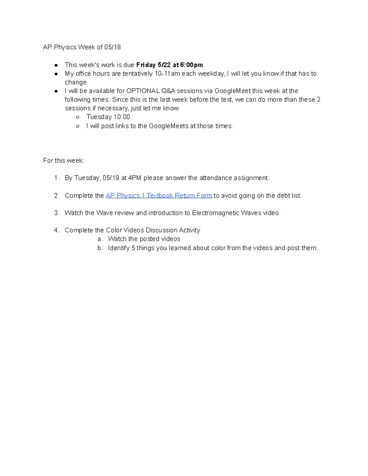 AP Physics 05 18 - 05 22 - AP Physics Week of 05/ This week's work is ...