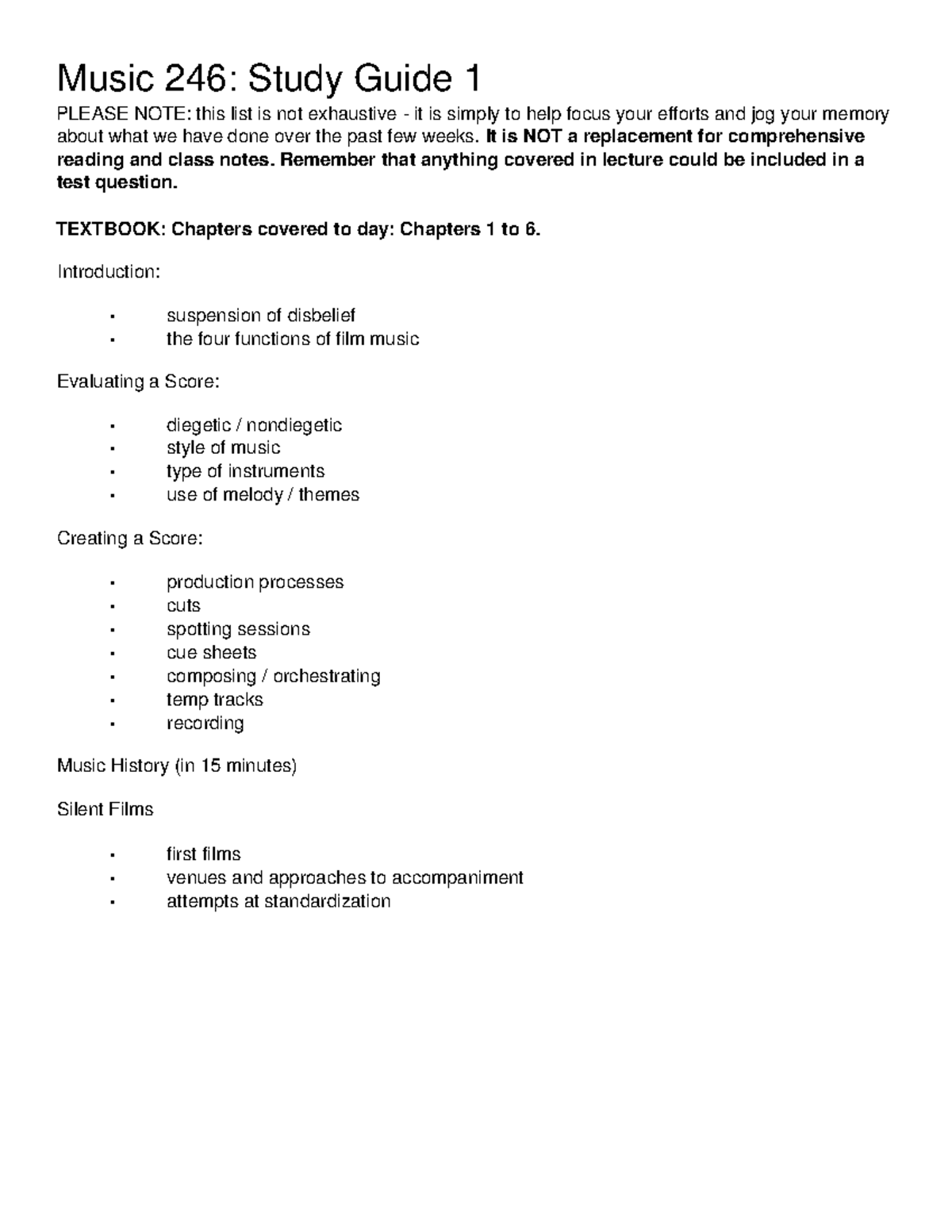 Study Guide for Term Test 1 Music 246 Study Guide 1 PLEASE NOTE