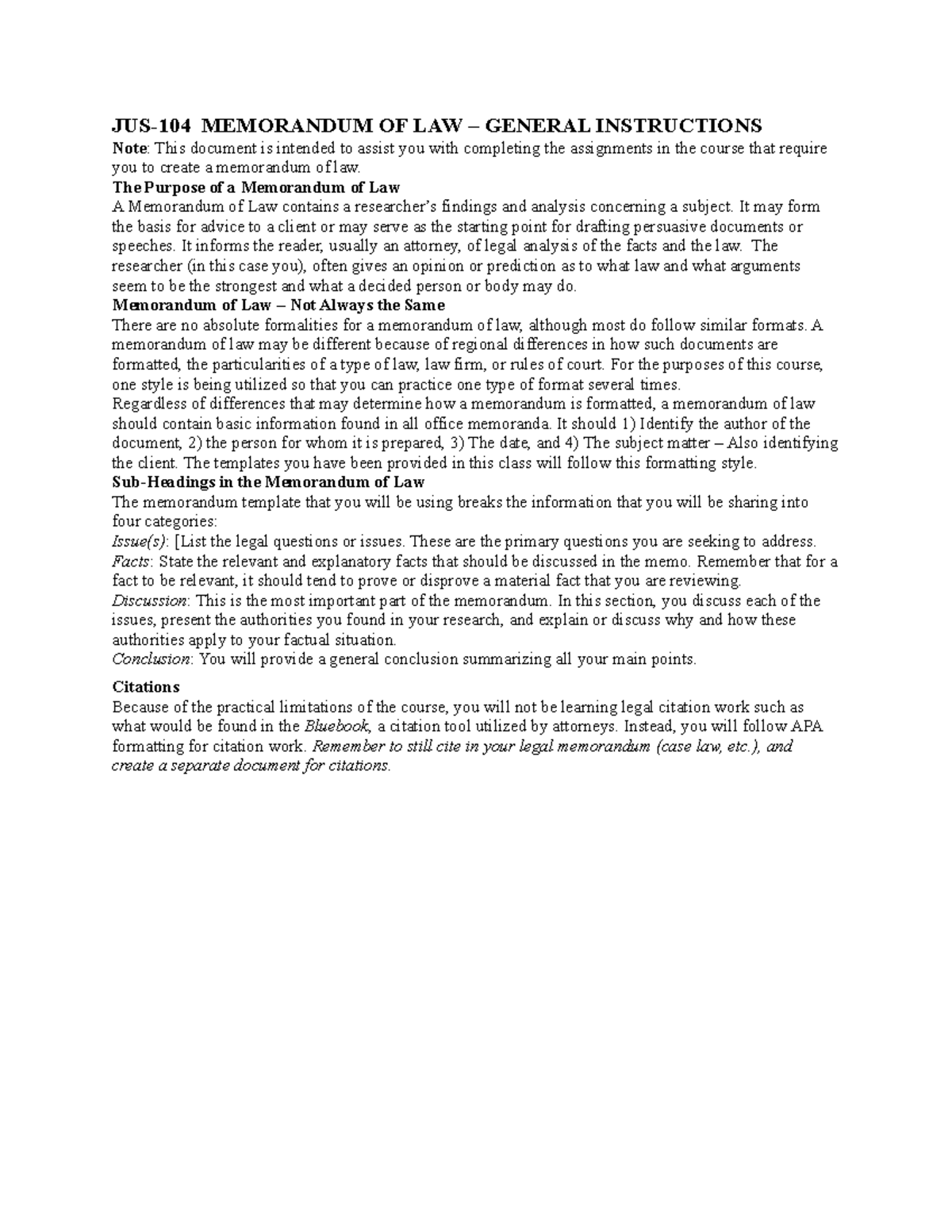 Memo of law print lol JUS104 MEMORANDUM OF LAW GENERAL