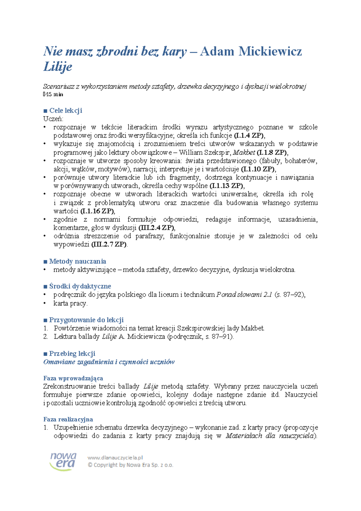 Scenariusz lekcji nie masz zbrodni bez kary adam mickiewicz lilije