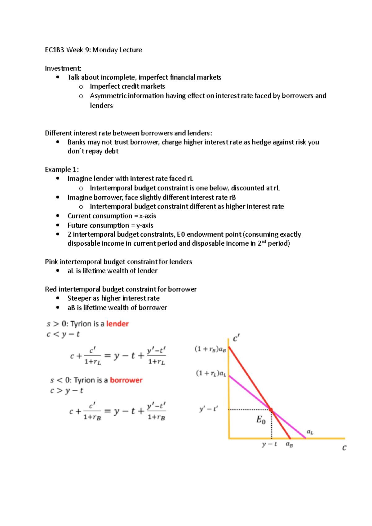 EC1B3 Lecture Notes - EC1B3 Week 9: Monday Lecture Investment: Talk ...