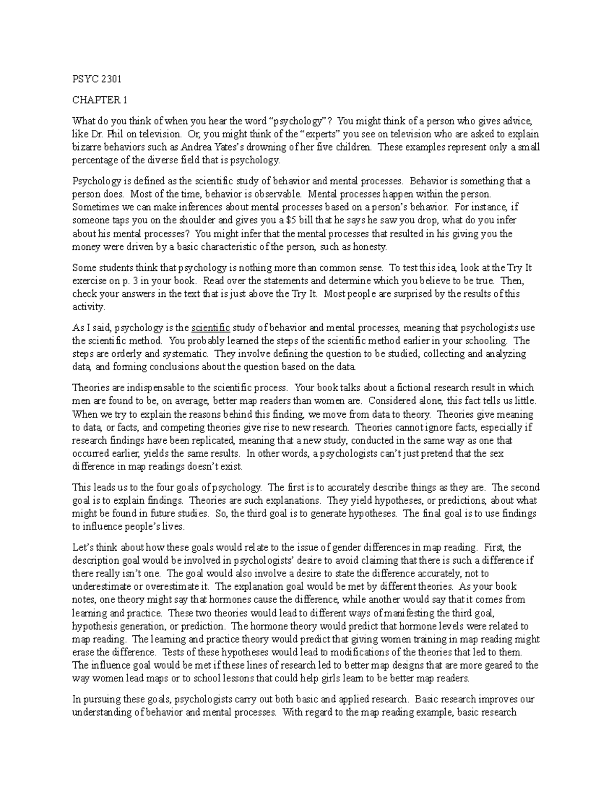 Document 1-psyc - PSYC 2301 CHAPTER 1 What do you think of when you ...