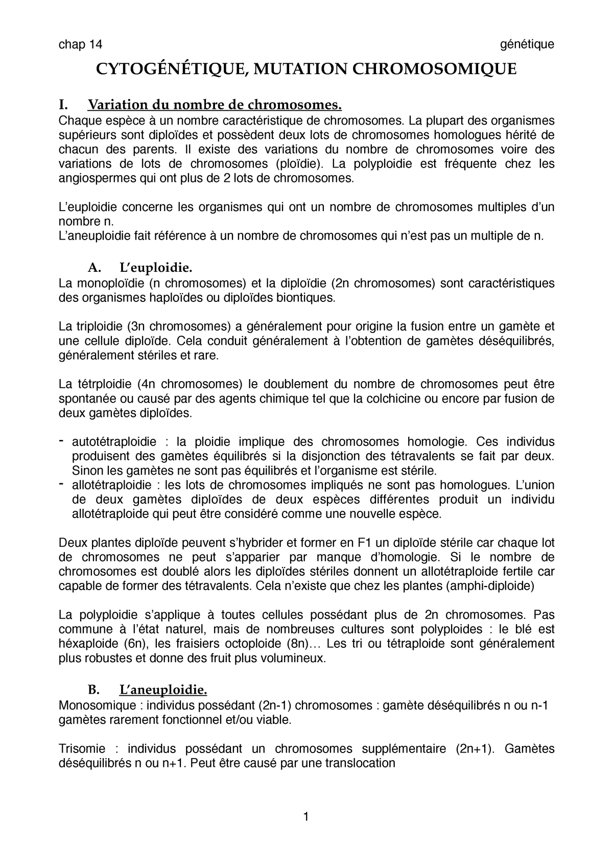 Chap 14 - Cytogénétique, Mutation Chromosomique - CYTOGÉNÉTIQUE ...