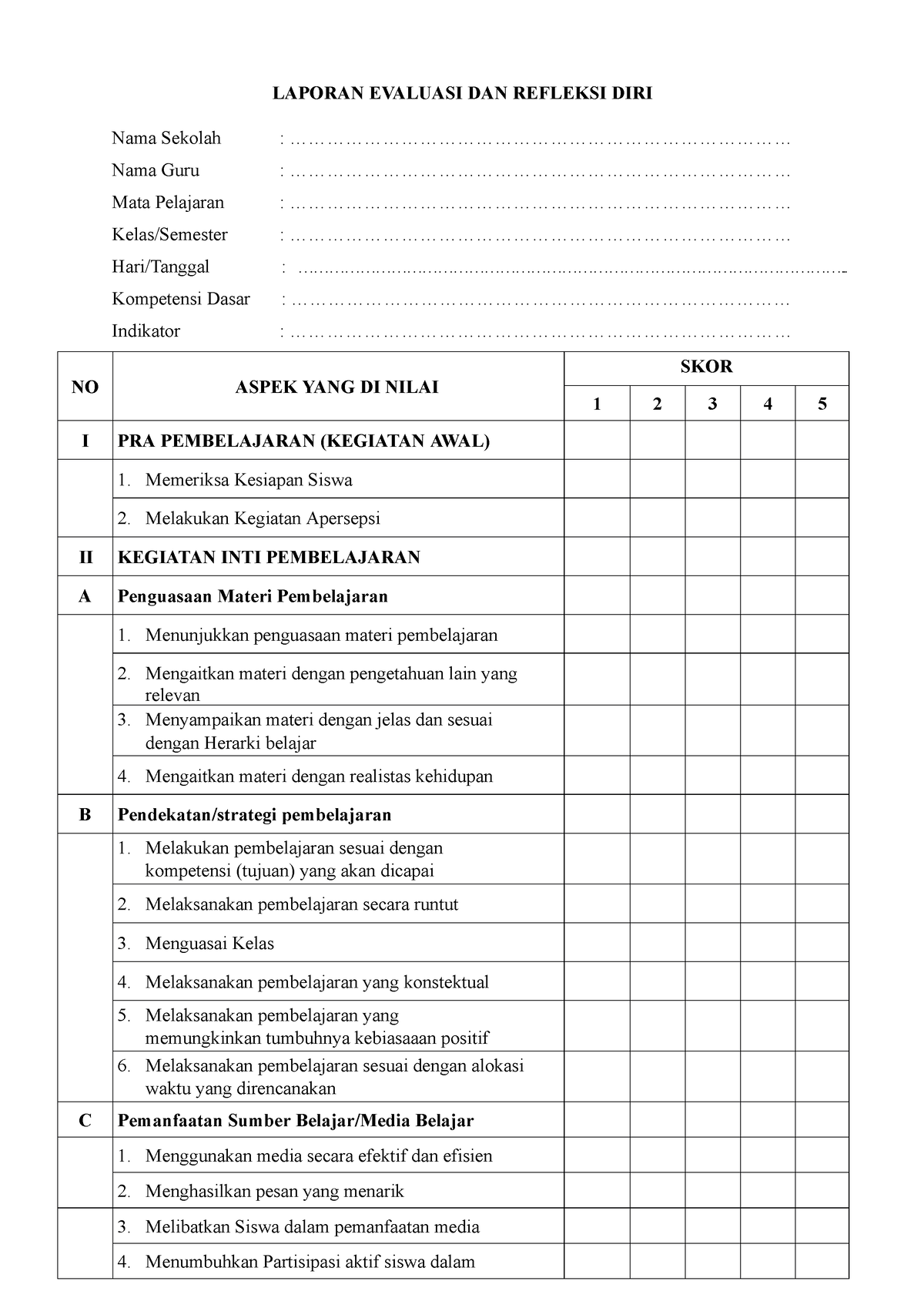 Laporan Evaluasi DAN Refleksi DIRI - LAPORAN EVALUASI DAN REFLEKSI DIRI ...