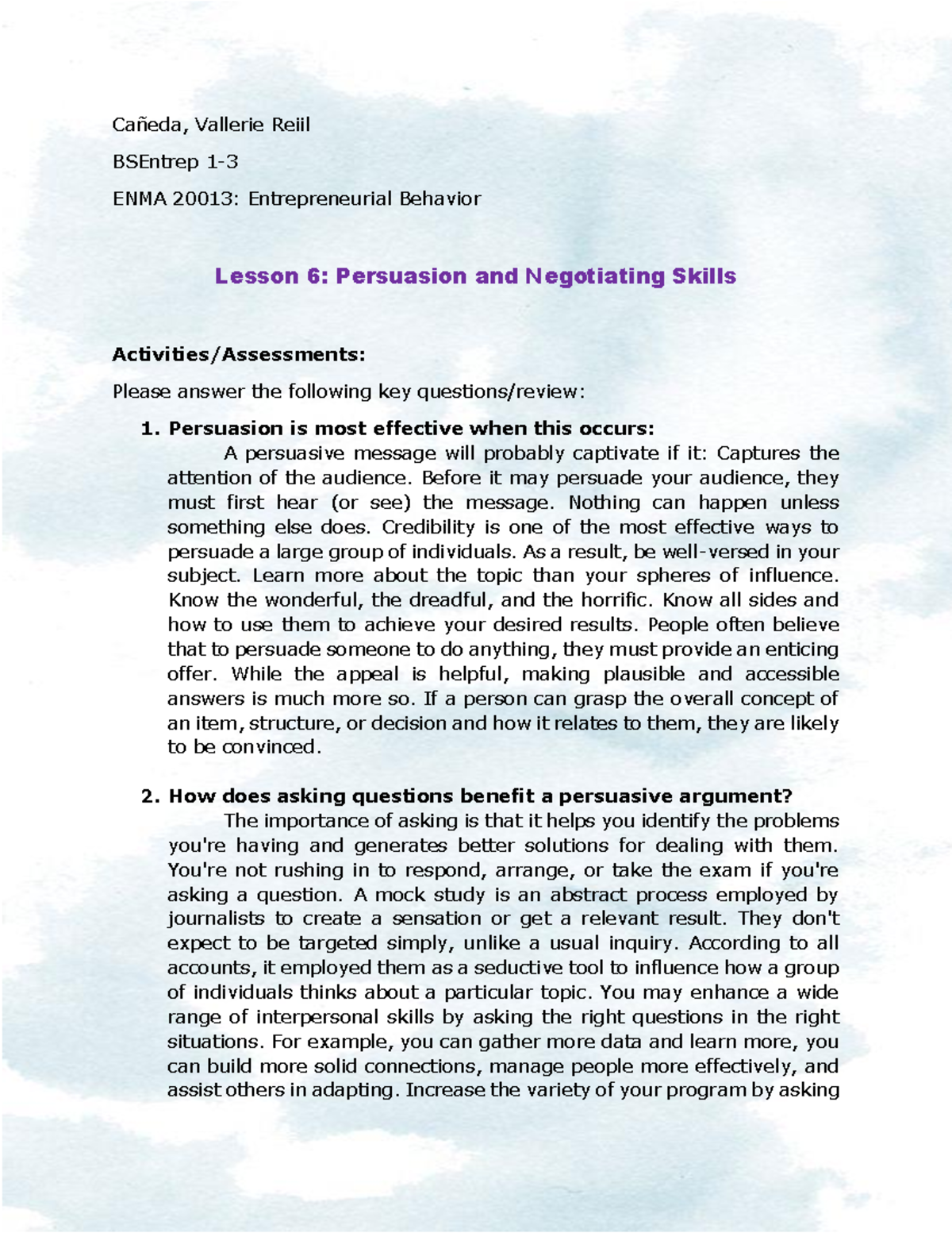 Persuasion And Negotiating Skills - CaÒeda, Vallerie Reiil BSEntrep 1 ...