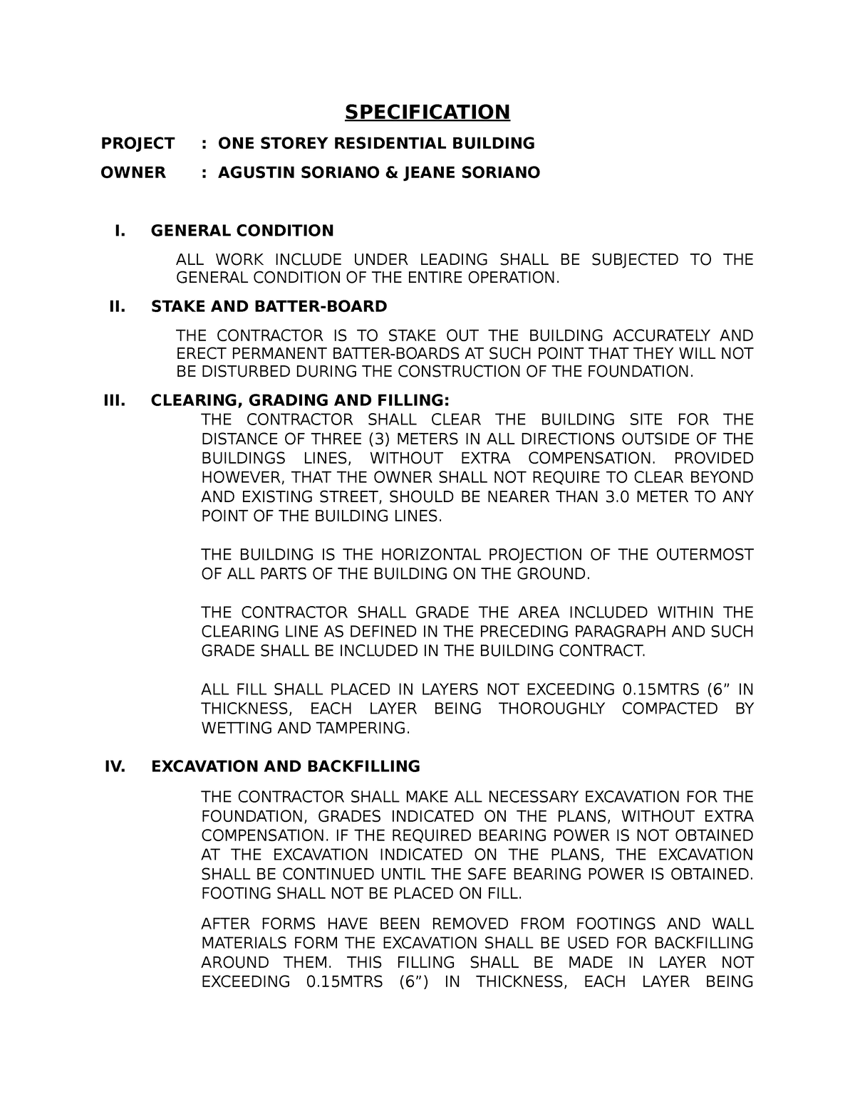 Specification SPECIFICATION PROJECT ONE STOREY RESIDENTIAL BUILDING 