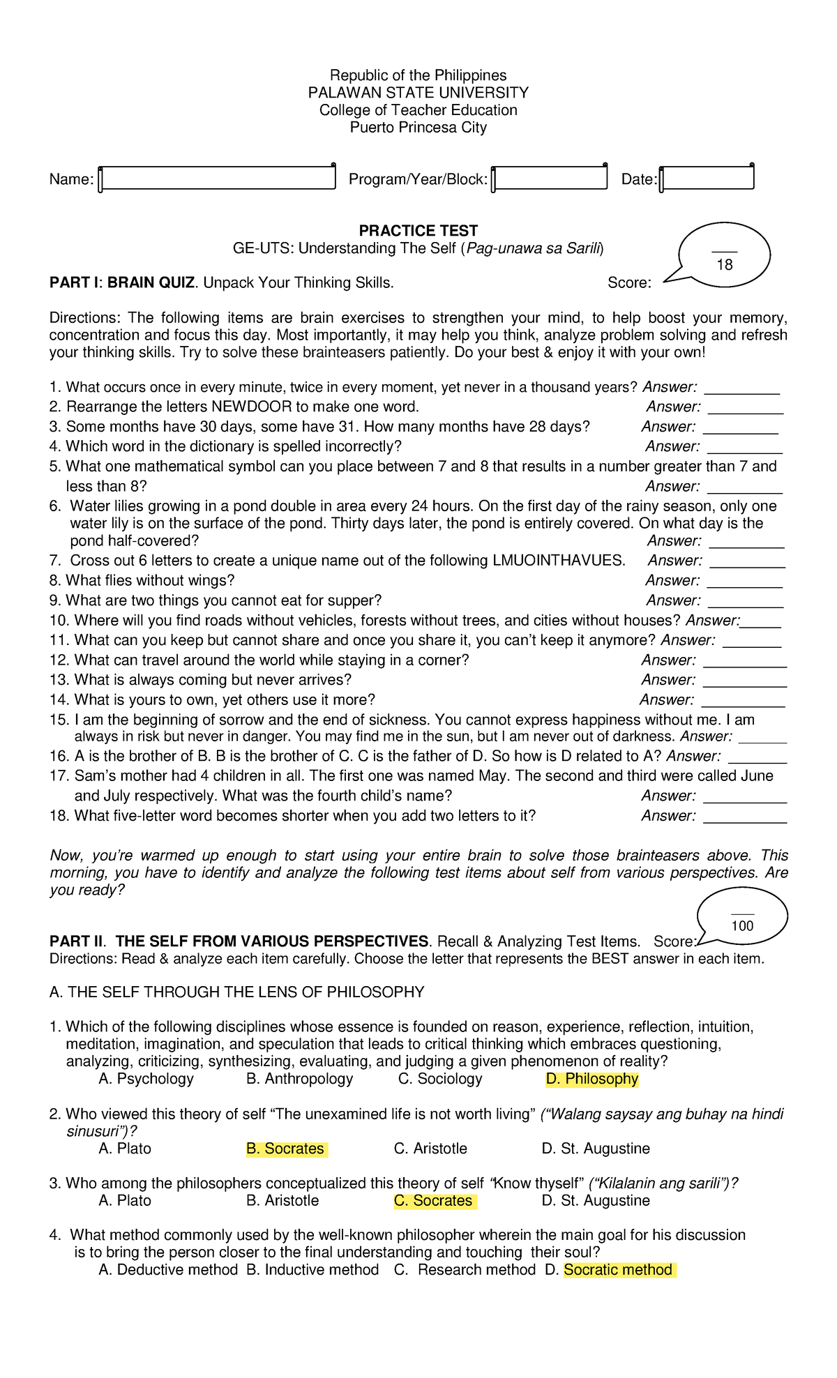 UTS- Practice-TEST - DLP - Republic of the Philippines PALAWAN STATE ...