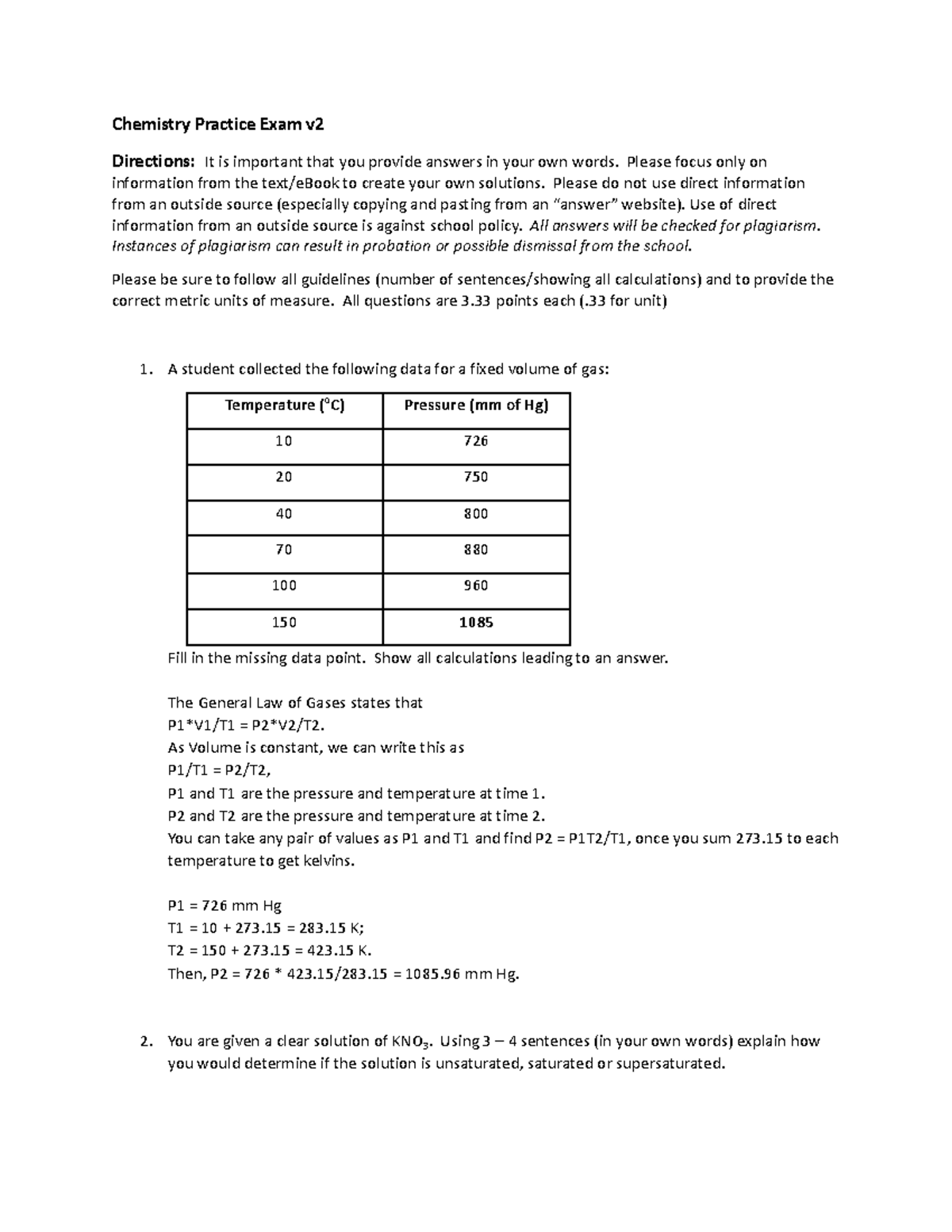 Chemistry Practice Exam V2 - Chemistry Practice Exam V Directions: It ...