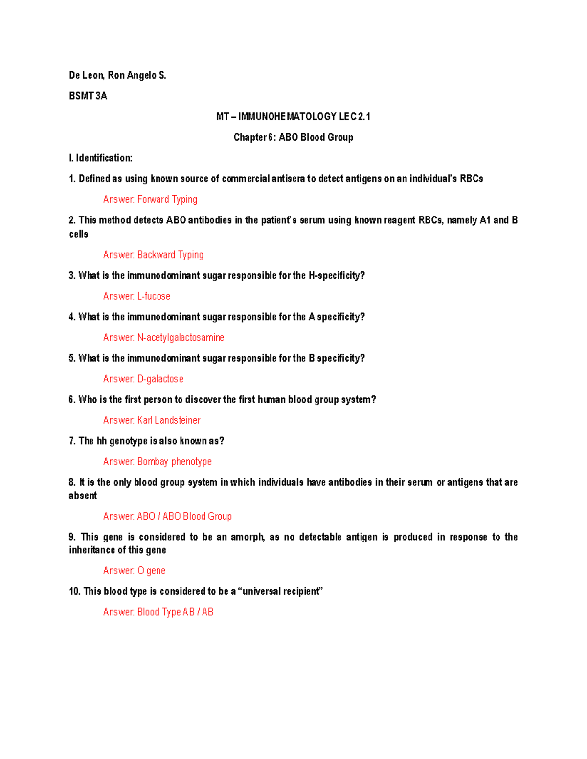 CH6 TEST ABO - Quiz - De Leon, Ron Angelo S. BSMT 3A MT ...