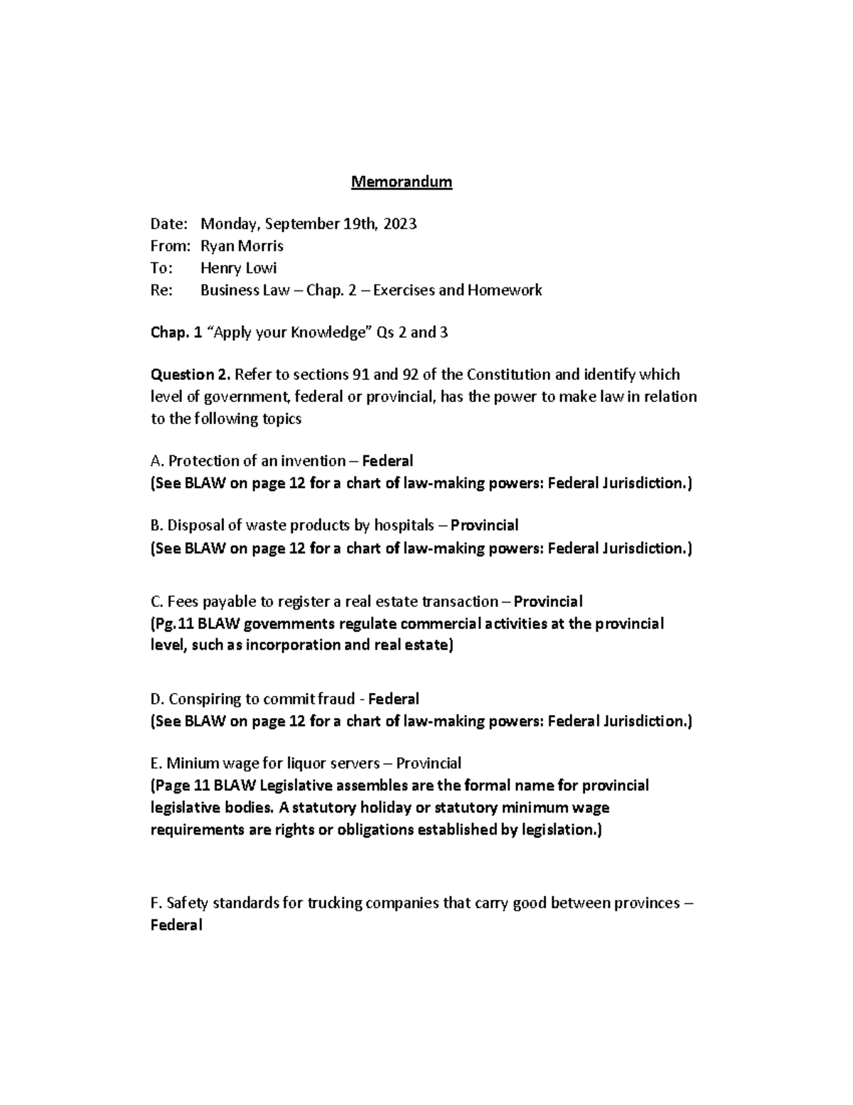 Business Law – Chap. 2 – Exercises and Homework - Memorandum Date ...