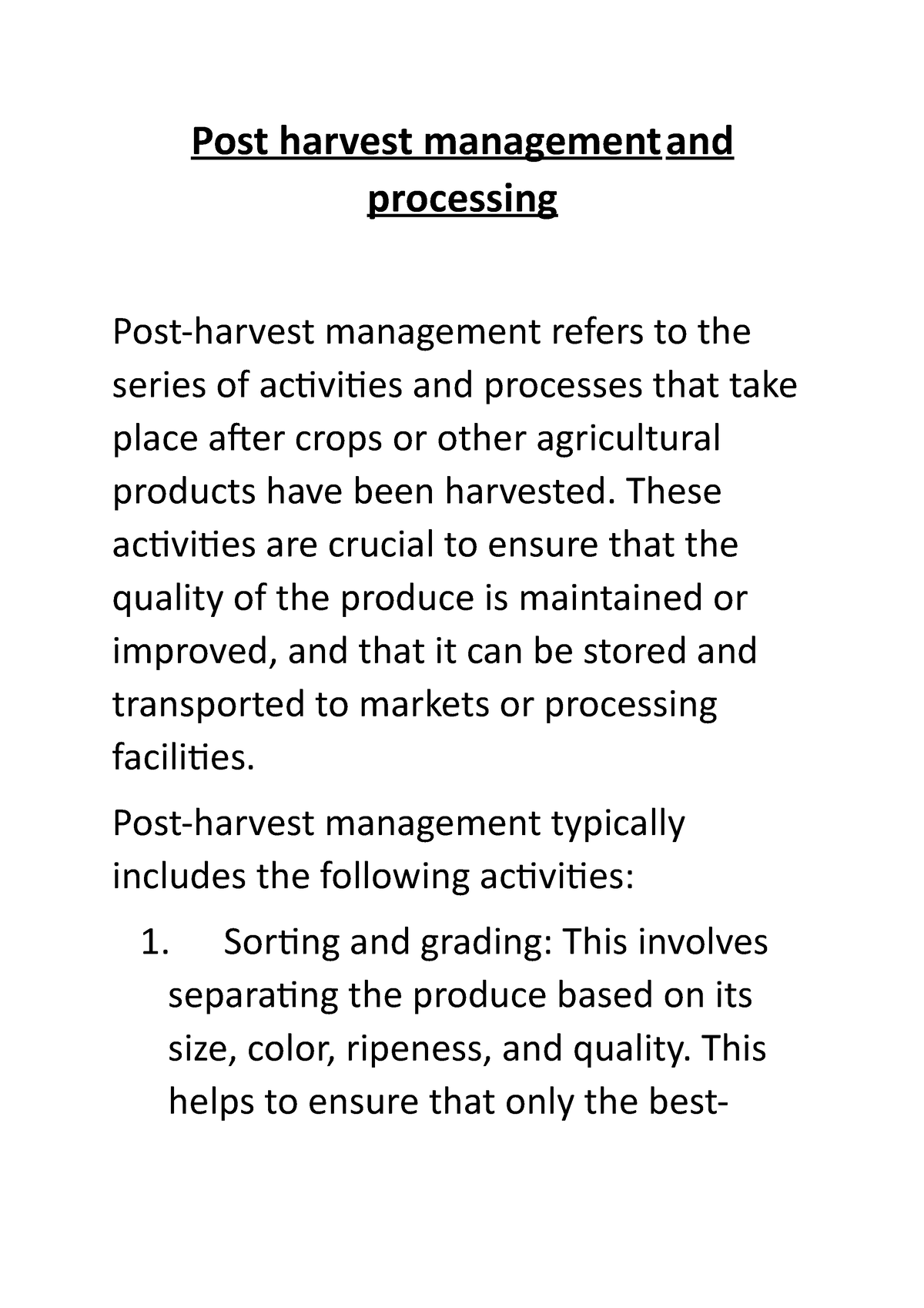 Post Harvest Management And Processing - Post Harvest Management And ...