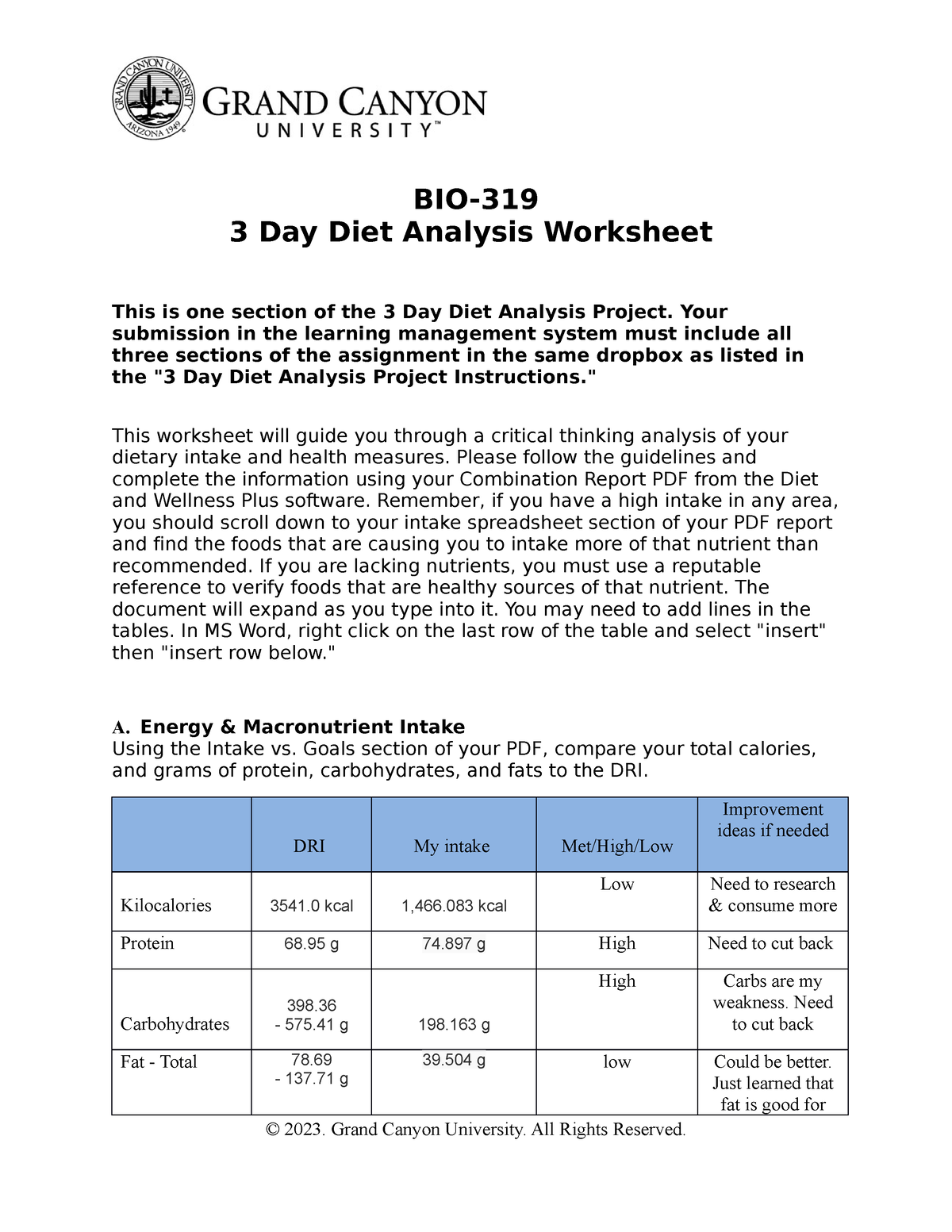 Bio 319 Rs 3day Diet Analysis Wk Sheet Bio 3 Day Diet Analysis Worksheet This Is One Section 5729