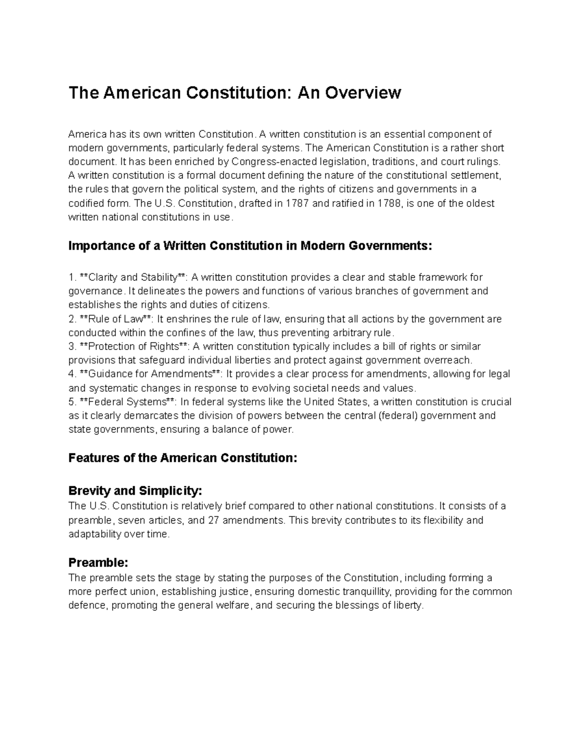 The American Constitution, Overview Summery - The American Constitution ...