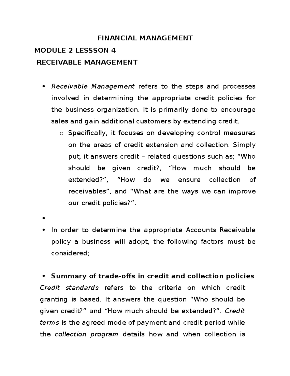 Financial Management M2 Lesson 4 TO 5 Summaries - FINANCIAL MANAGEMENT ...