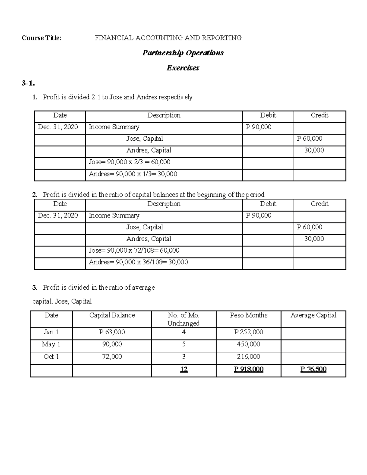 Partnership Chapter 3 Exercises Answers - Course Title: FINANCIAL ...