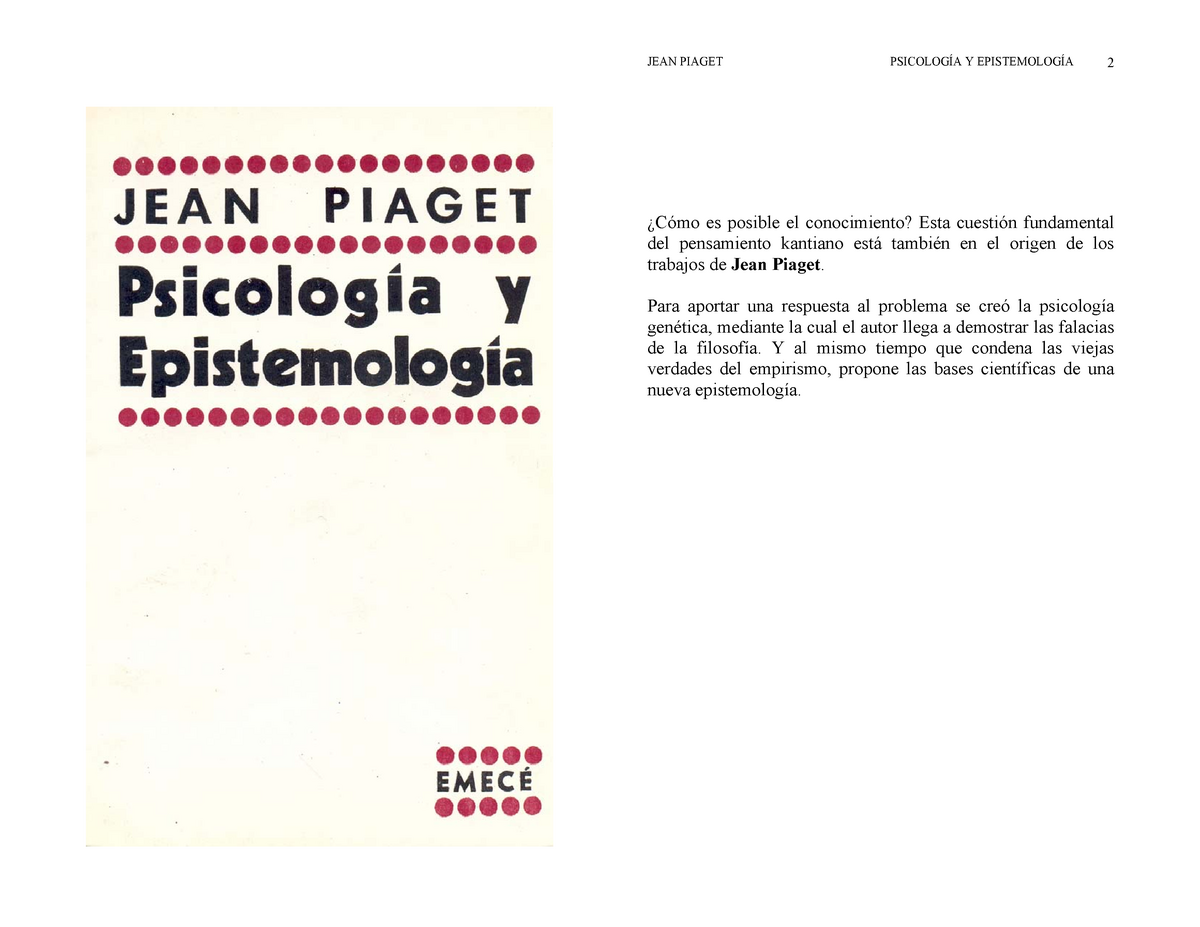 Psicolog a y epistemolog a PDF JEAN PIAGET Y 2 es posible el