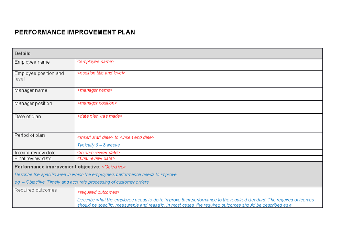 Performance Plan - PERFORMANCE IMPROVEMENT PLAN Details Employee name ...