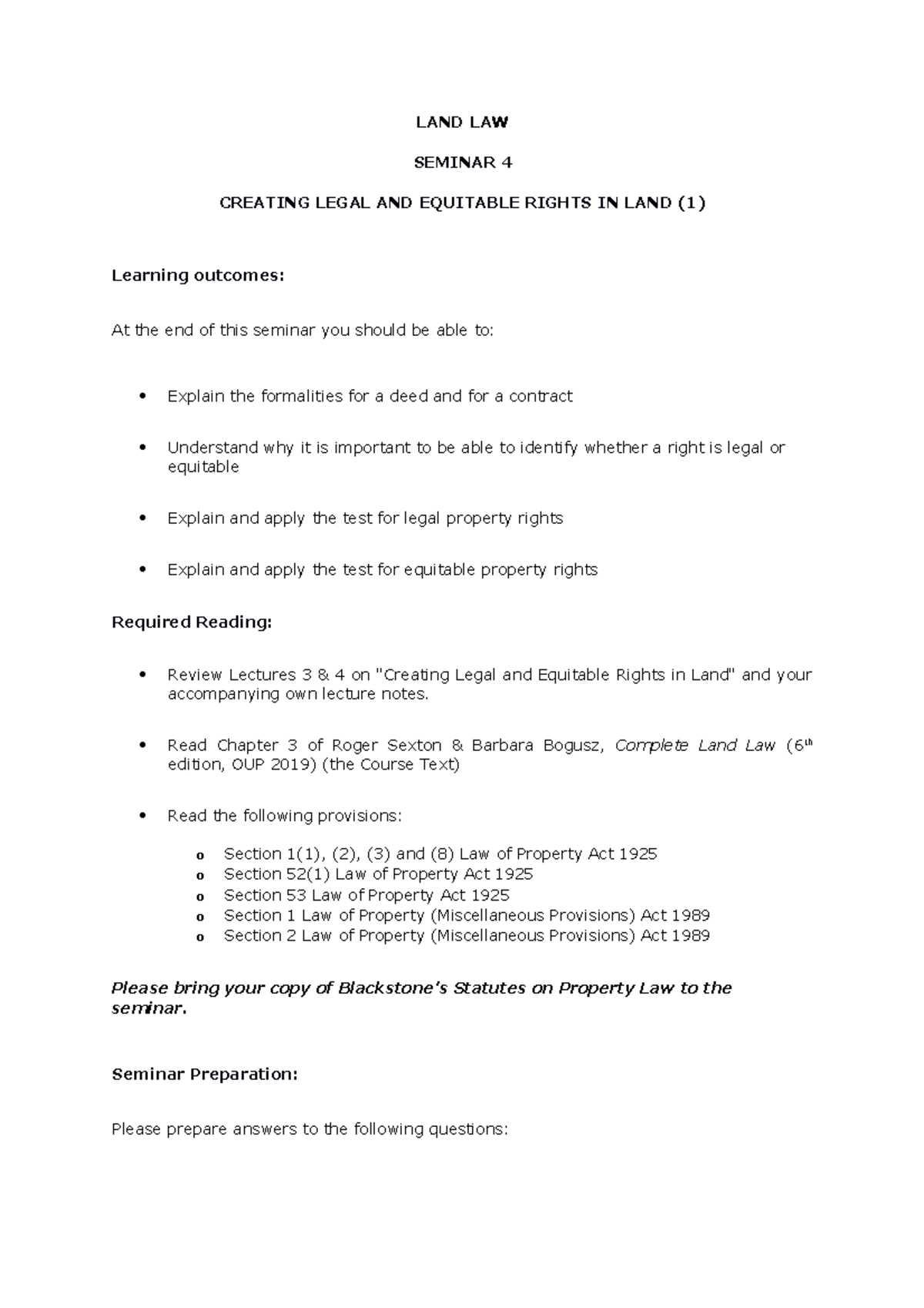 Seminar 4 - Creating Legal and Equitable Rights in Land original - LAND ...