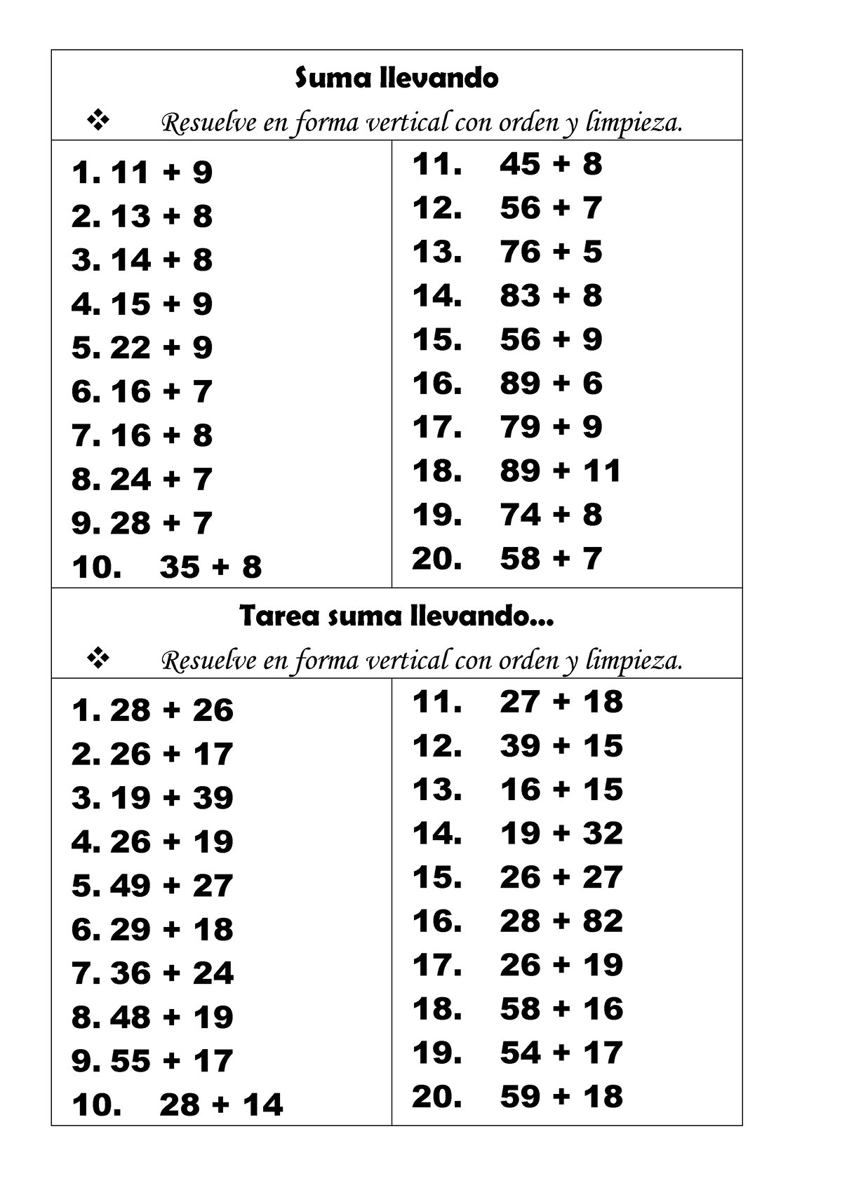 SUMA Y Resta - Adicion De Numeros - Suma Llevando Tarea Suma Llevando ...