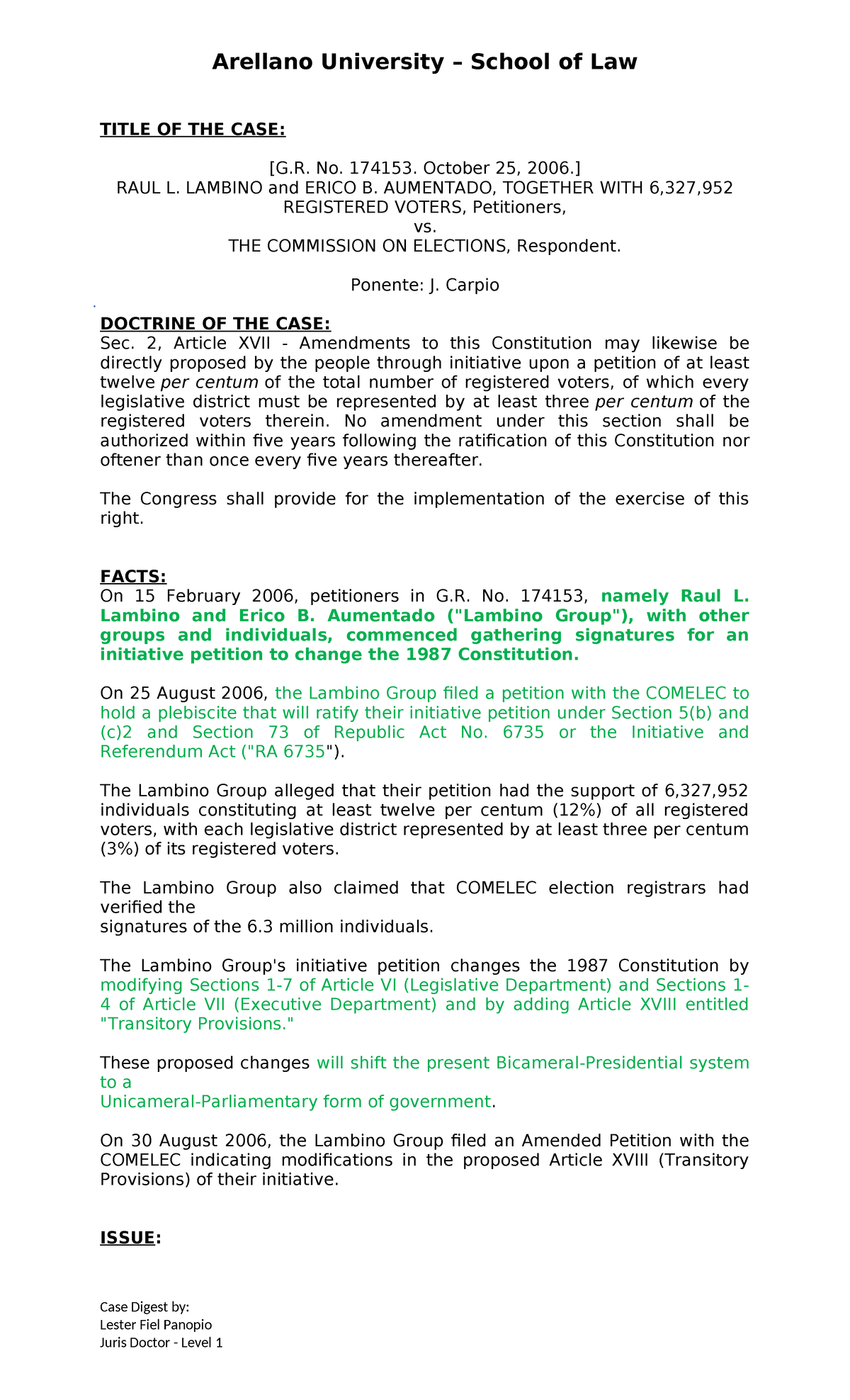 Lambino V Comelec, G.R. 174153 Case Digest - Arellano University ...