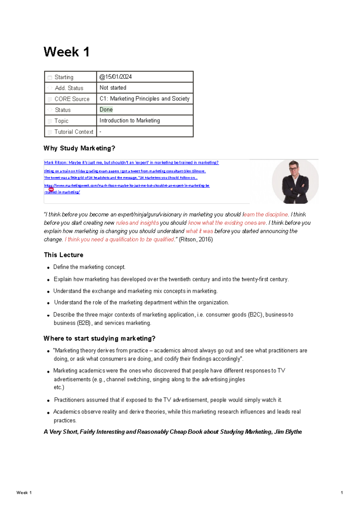 Marketing w1 notes - Week 1 Starting @15/01/ Add. Status Not started ...