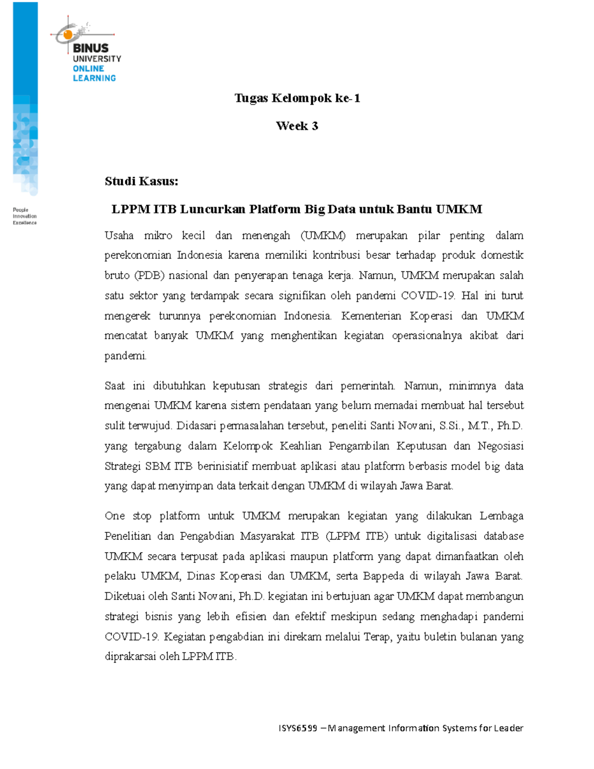 binus university - Tugas Kelompok ke- Week 3 Studi Kasus: LPPM ITB ...