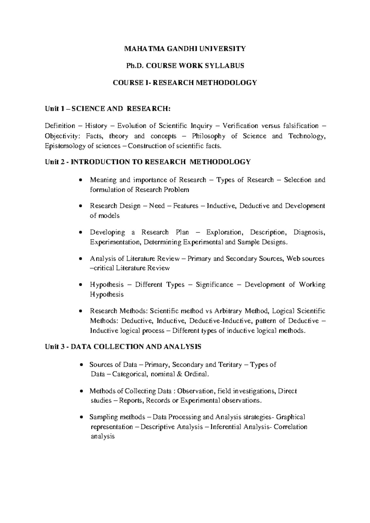 Syllabus of Course Work of Ph.D programme - MAHATMA GANDHI UNIVERSITY ...