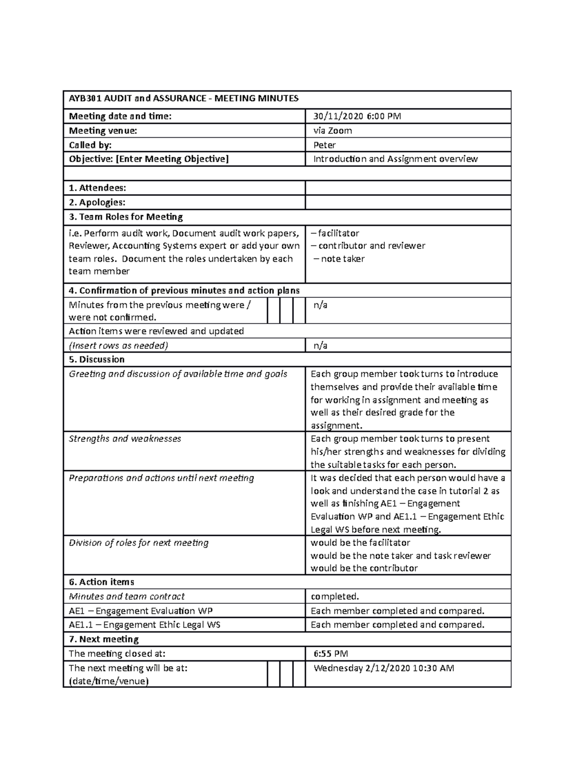 Meeting minutes 1 - AYB301 AUDIT and ASSURANCE - MEETING MINUTES ...