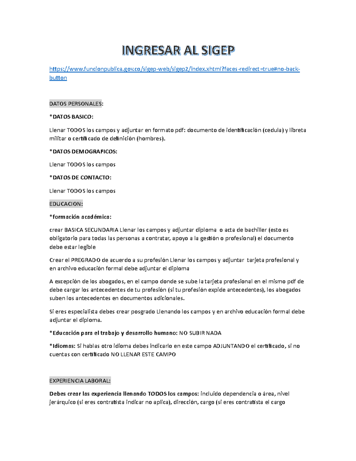 PASO A PASO Sigep - Funcionpublica.gov/sigep-web/sigep2/index.xhtml ...