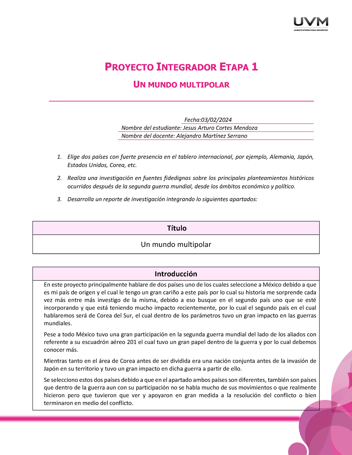 A3 Actividad N3 Proyecto Integrador Etapa 1 Un Mundo Multipolar Fecha