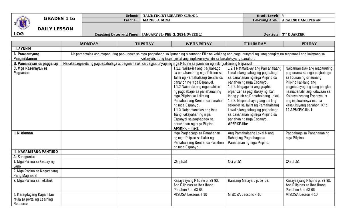DLL Araling Panlipunan 5 Q3 W1 - GRADES 1 to 12 DAILY LESSON LOG School ...