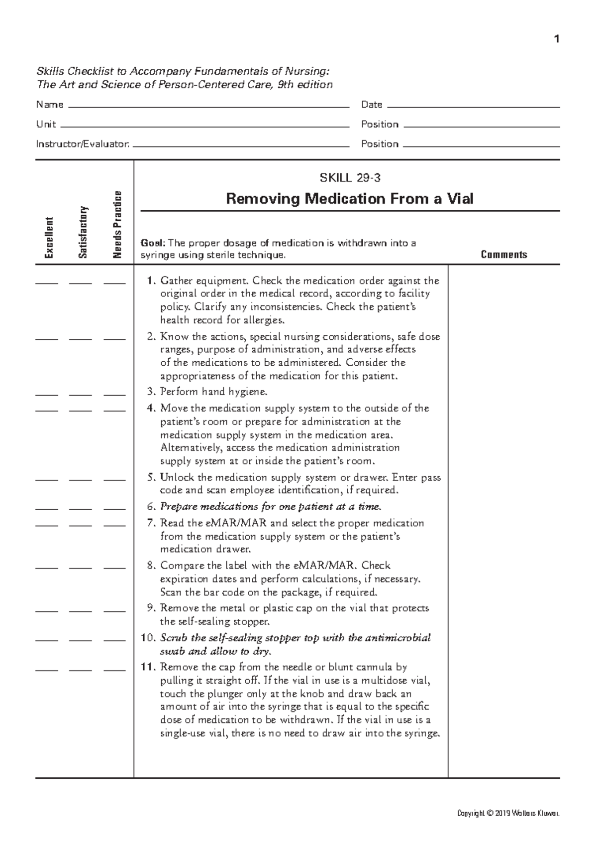 Skill 293 Removing Medication From a Vial 1 Skills Checklist to