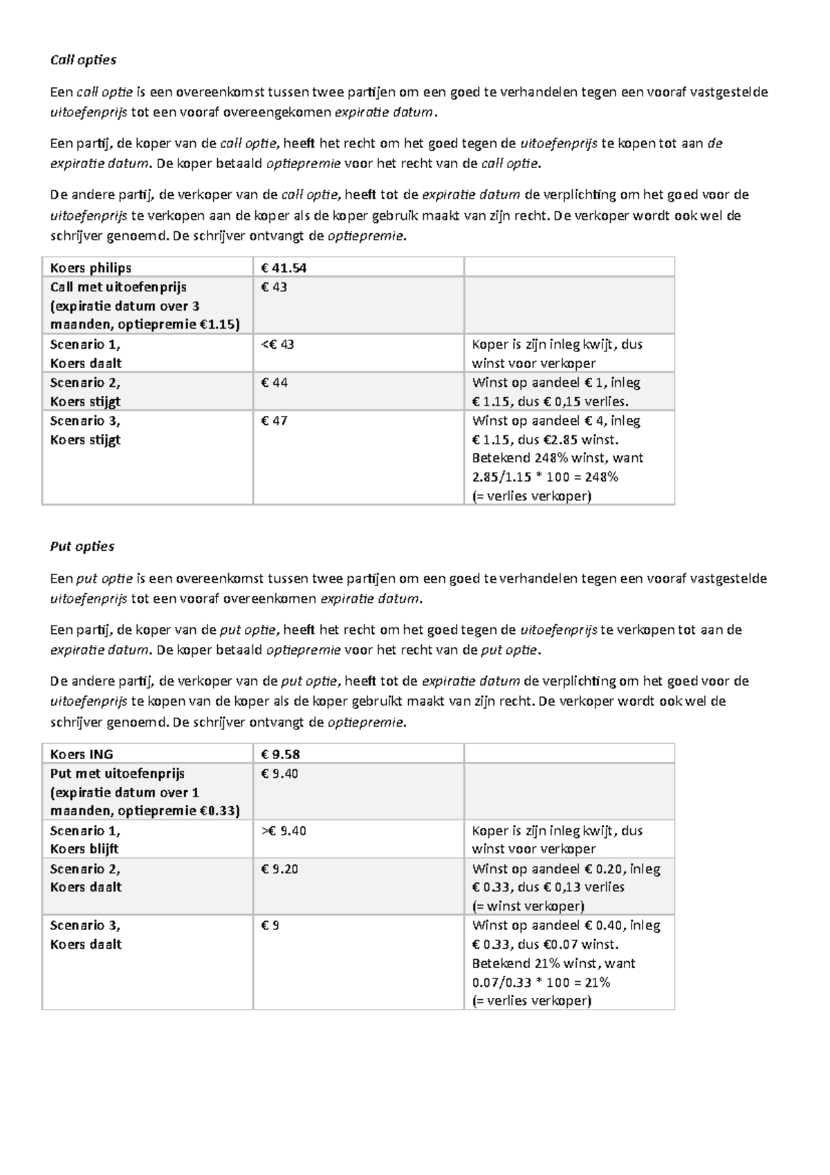 Samenvatting Put En Call Opties Call Opties Een Call Optie Is Een