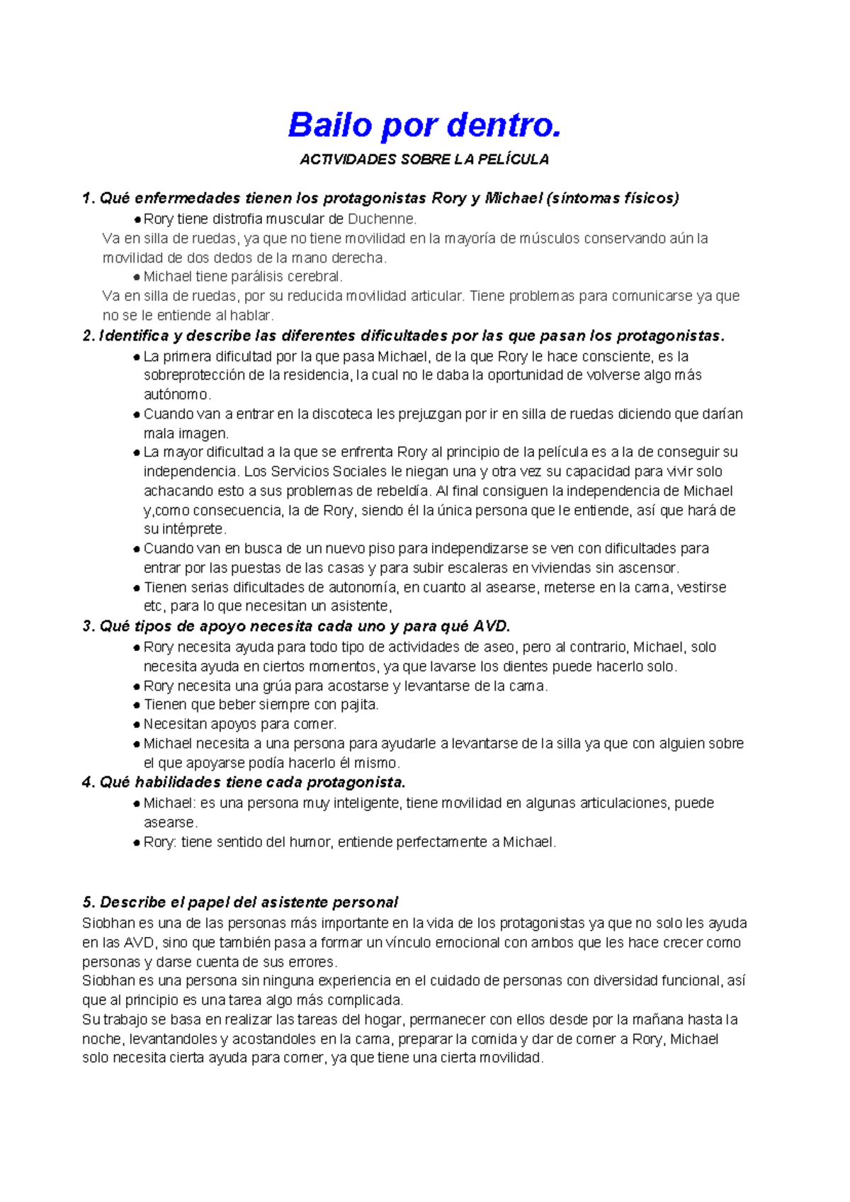 Bailo por dentro - ACTIVIDADES SOBRE LA PELÍCULA 1. Qué enfermedades ...