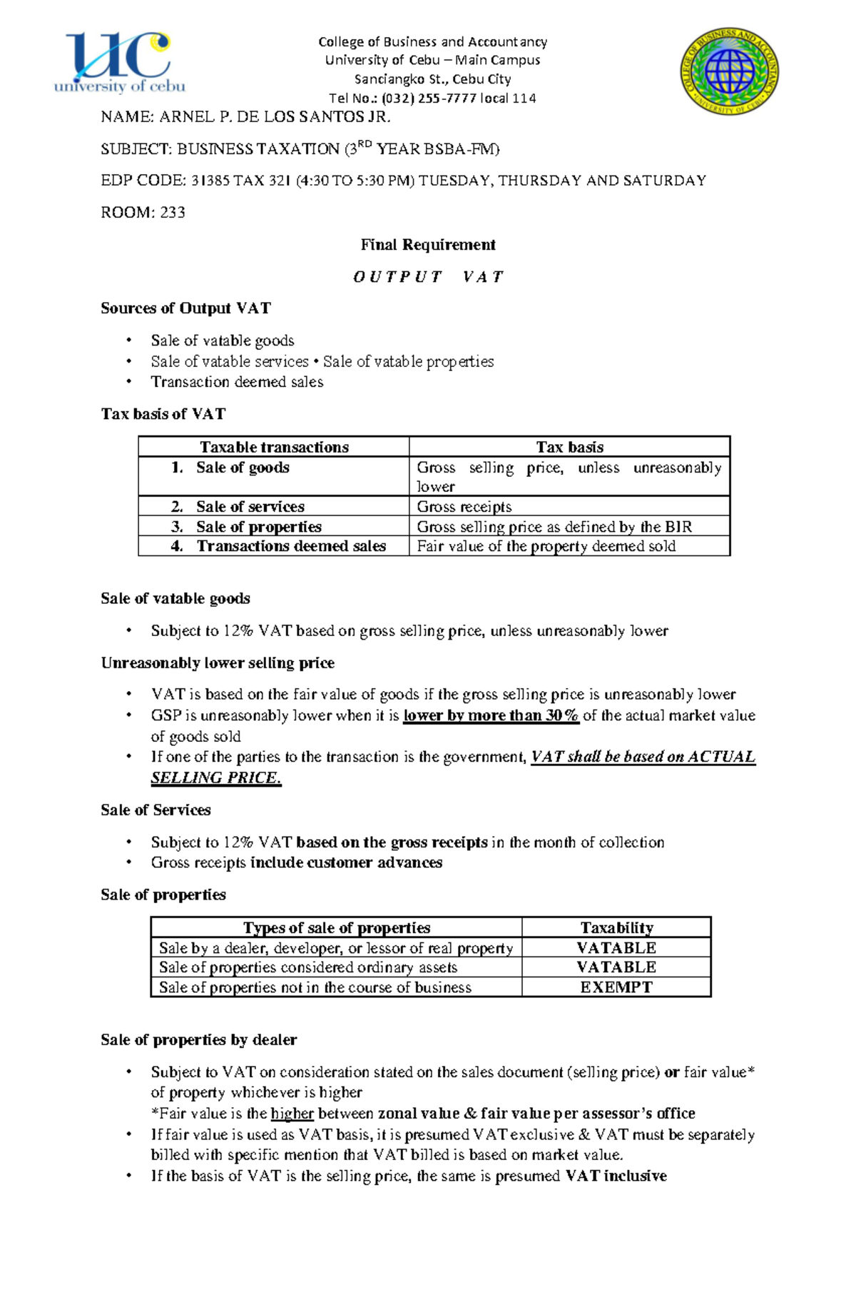 Summary Of Output And Input Vat College Of Business And Accountancy