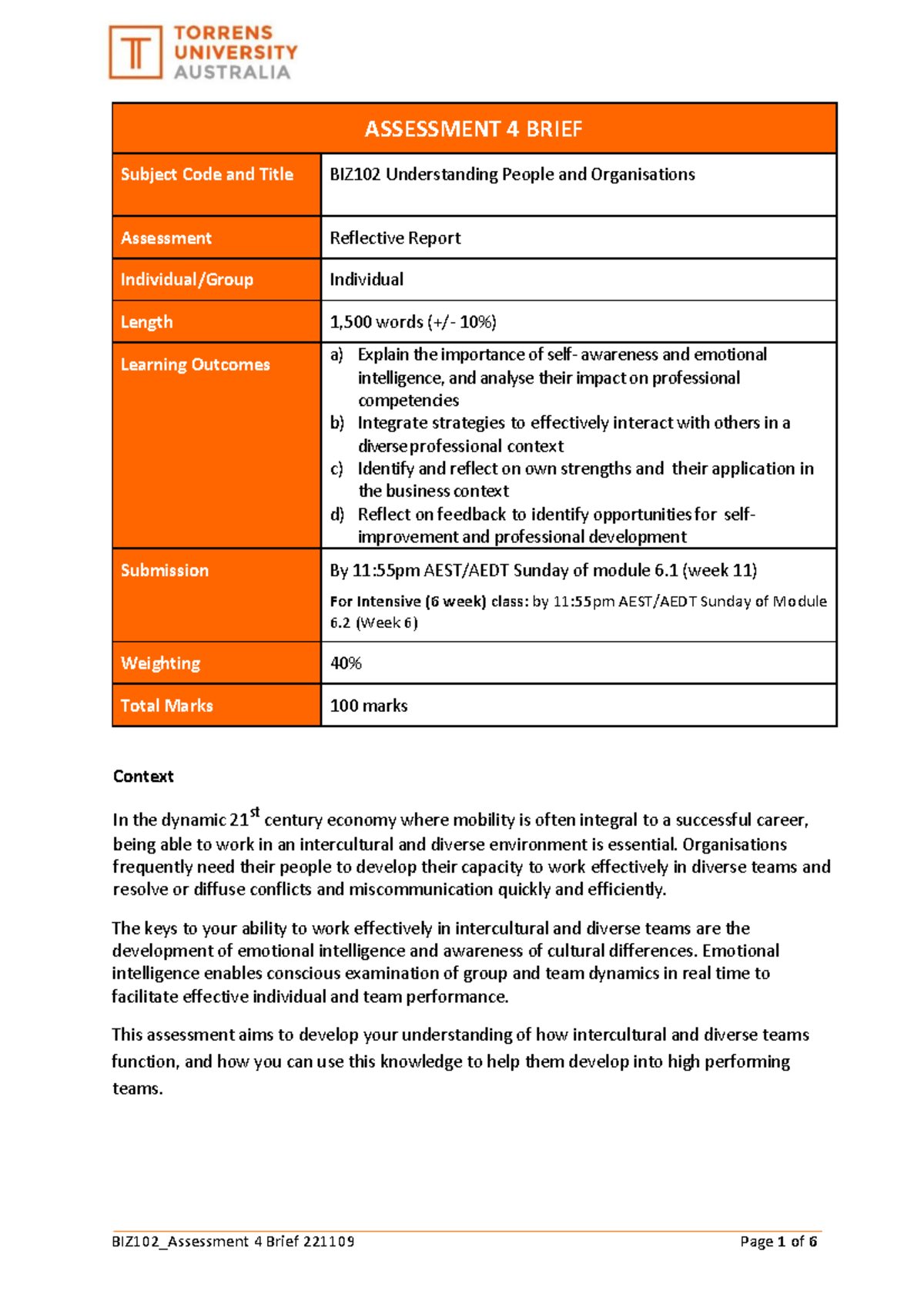 BIZ102 Assessment 4 Brief - 1 (week 11 ) For Intensive (6 Week) Class ...