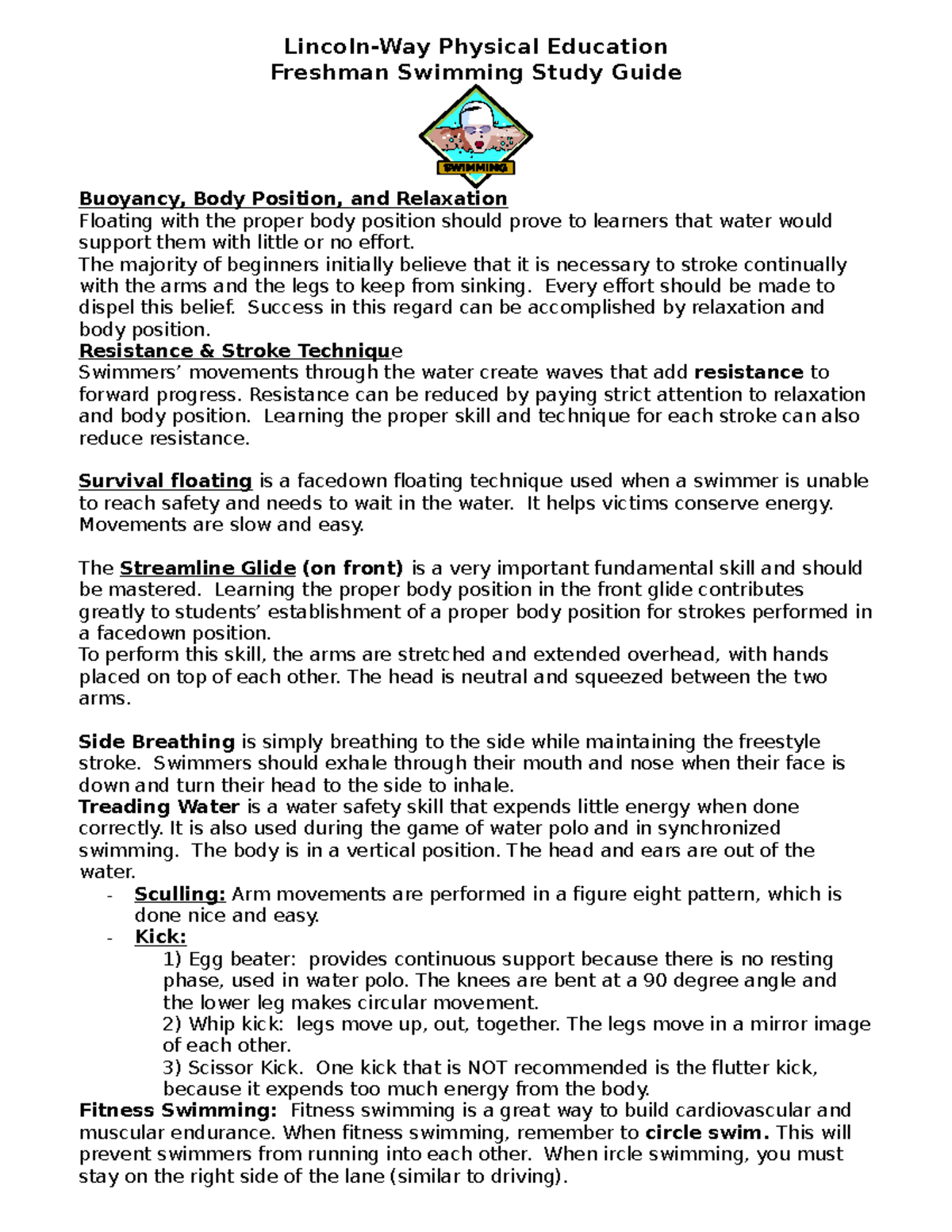 Freshman Swim Study Guide - Lincoln-Way Physical Education Freshman ...