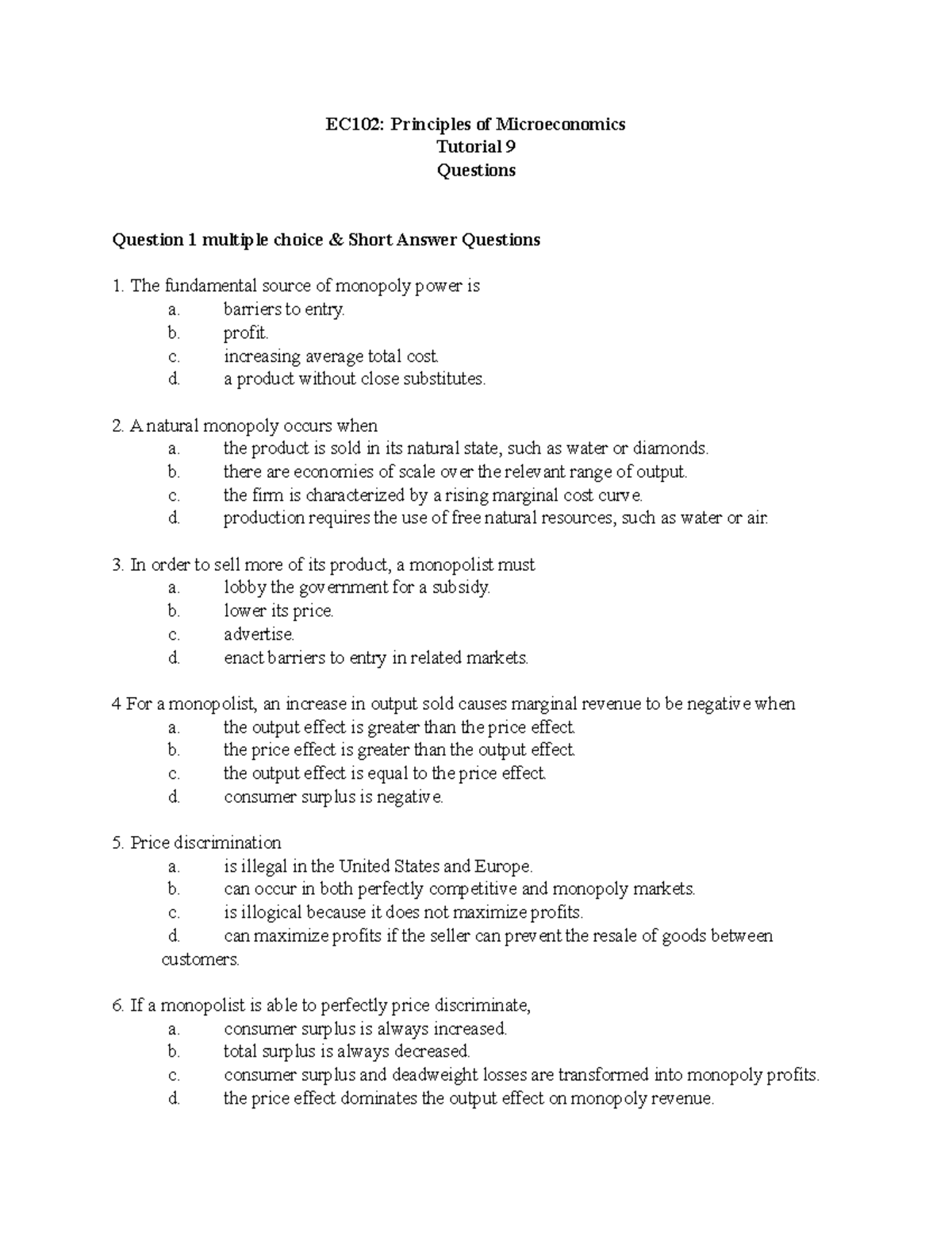 EC102 Tutorial 9 Questions - EC102: Principles of Microeconomics ...