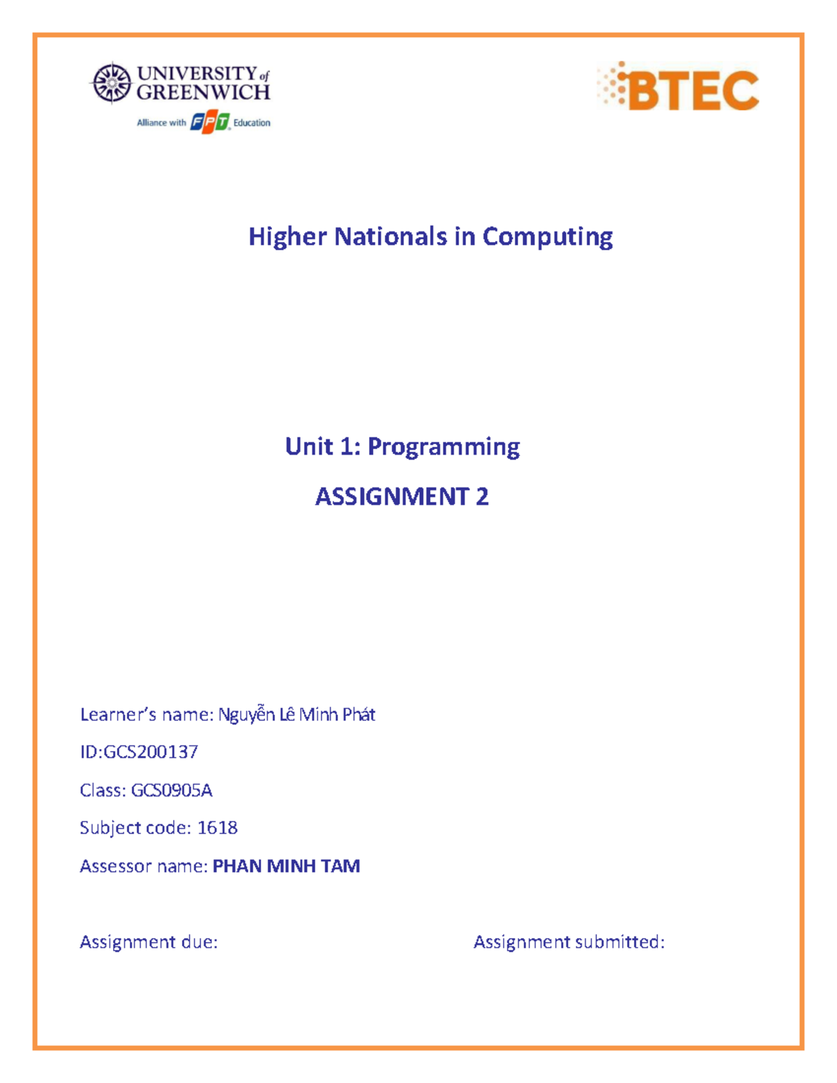 Programming Subject (1618) | Assignmen 2 - Higher Nationals In ...