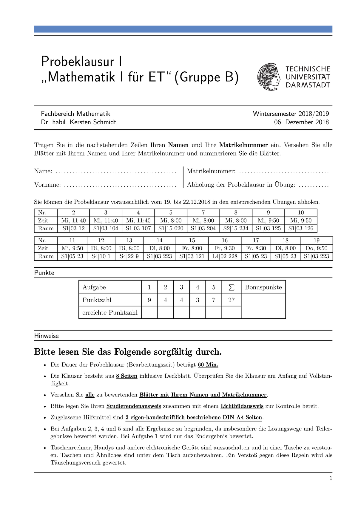 Mathe IET B Probeklausur WS 1819 Mit Lsg - Mathematik 1 - TU Darmstadt ...