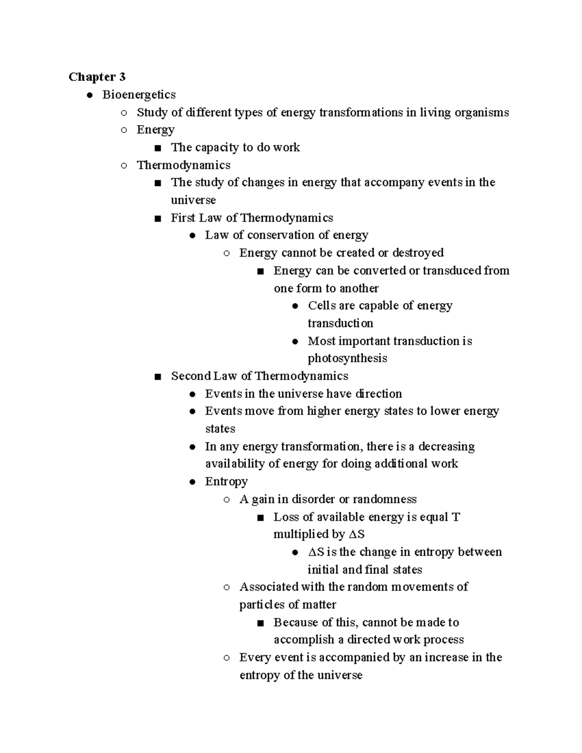 Bio Sci Textbook Notes Chapter 3 - Chapter 3 Bioenergetics Study of ...