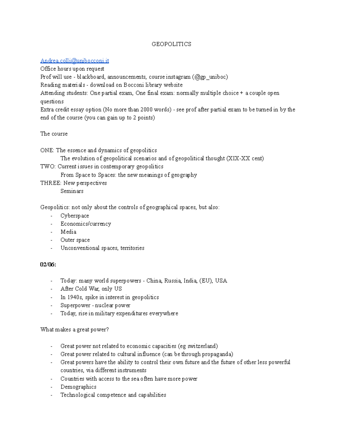 Geopolitics Midterm Notes - GEOPOLITICS Andrea@unibocconi Office hours ...